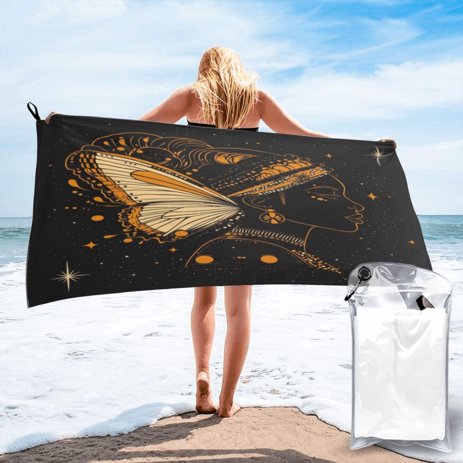 Anceky Silhouetted Queen with Butterfly Crown Quick Dry Microfiber Travel Towel with Carry Case and Carabiner 27.5"X55"