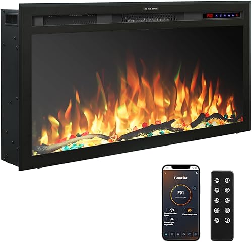 Inserto de chimenea eléctrica WiFi de 33 pulgadas, calentador de chimenea con control de aplicación, llamas multicolor de ciclo automático, sonido