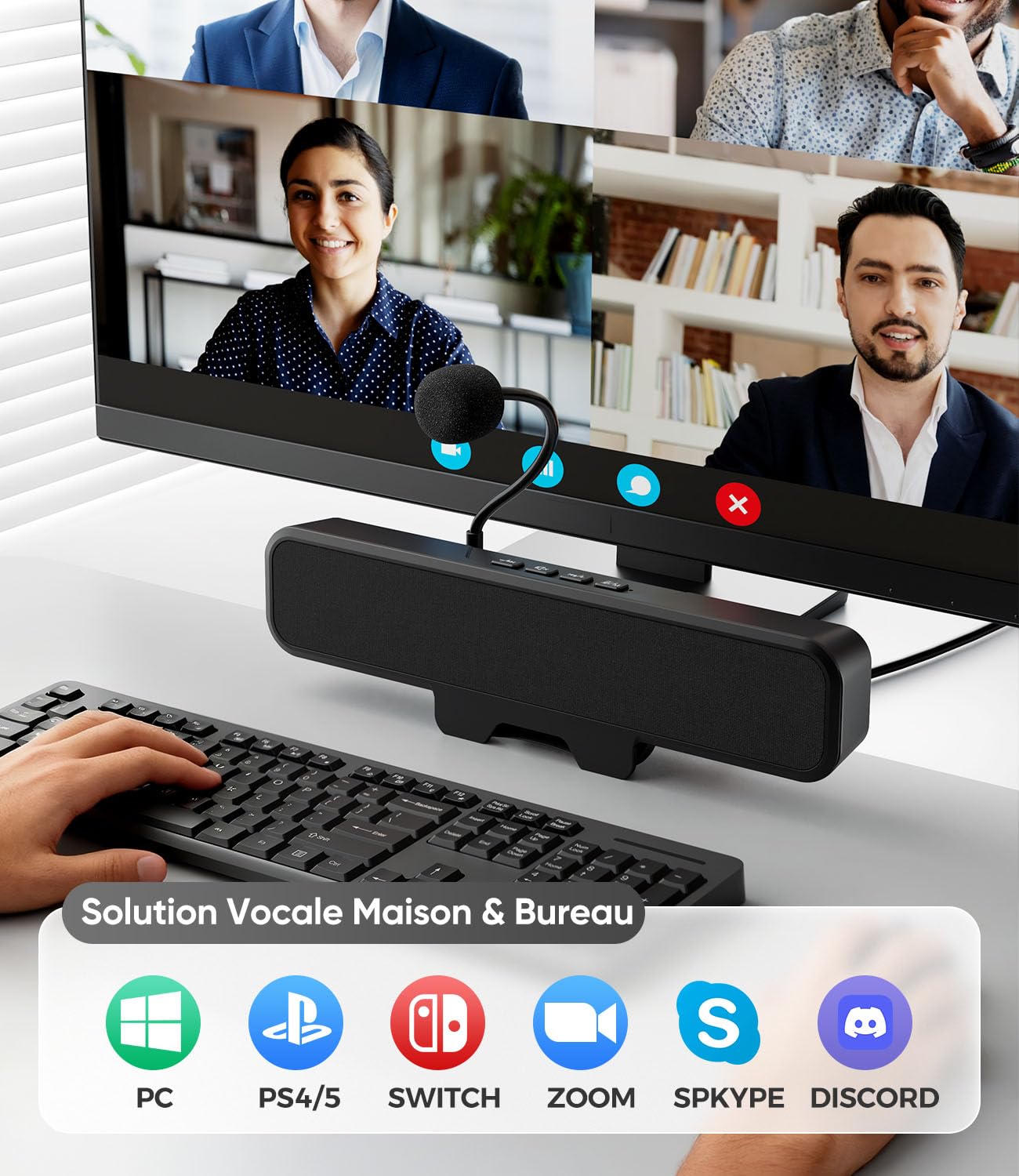 Enceintes USB d'ordinateur avec Microphone détachable, Enceintes de Bureau Plug-and-Play avec Clip pour écran, Son stéréo et Graves, adaptées au PC, PS5, Switch 2 et Ordinateur Portable
