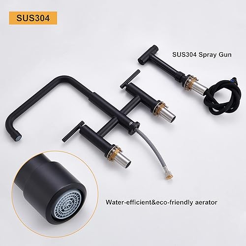 Miniatura 6 de Grifo de cocina dorado cepillado con rociador lateral, grifo de 2 manijas para fregadero de cocina, grifo de fregadero de cocina de 4 agujeros con