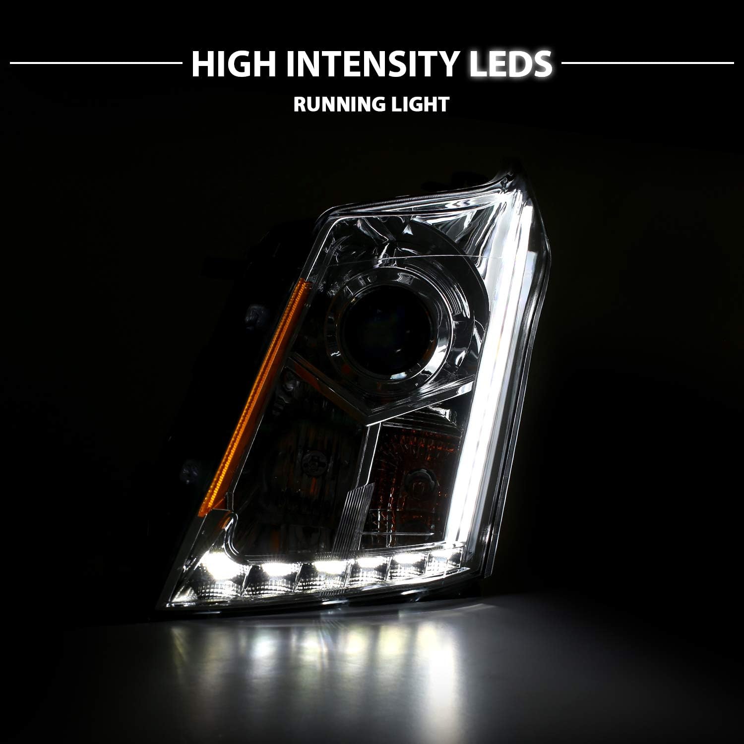 AmeriLite Chrome Projector Replacement Headlights Plank LED Bar Set for 2010-2016 Cadillac SRX Halogen Bulb Version only - Passenger and Driver Side