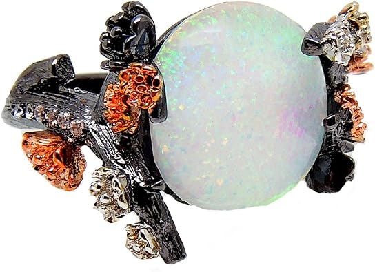 Henrietta Simulated Fire Opal Ring for Women by Ginger Lyne | Elven Gothic Black Plated for Engagement Promise or Statement -Tree Branch Flower Design Setting