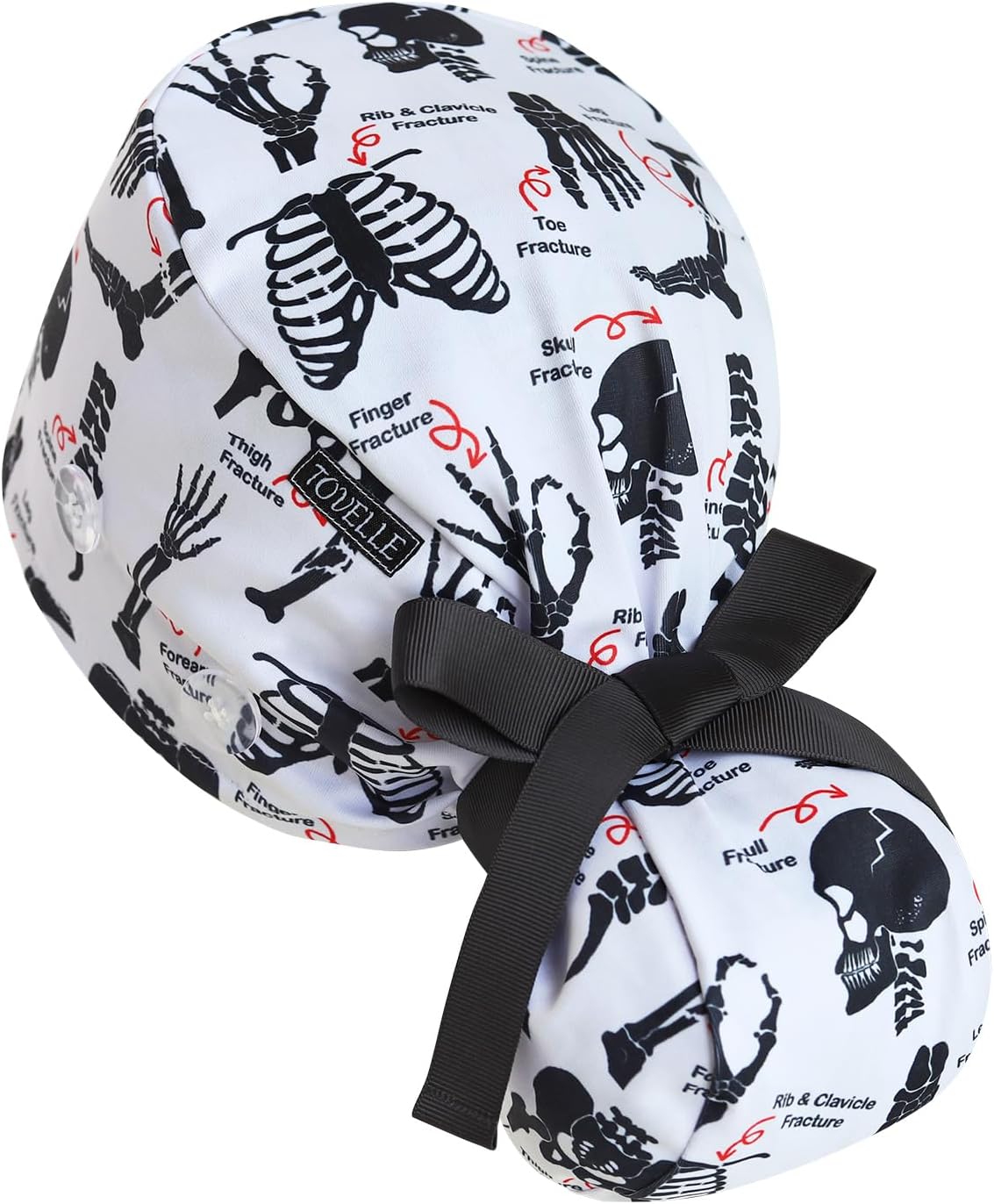Scrub Caps Women Ponytail – Black and White Bones Double-Sided Printed Surgical Hat with Buttons and Sweatband, Soft Nurse Cap for Long Hair, Helps Reduce Static Buildup