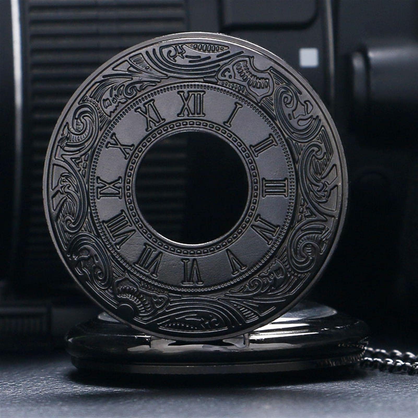 Zegarek kieszonkowy i łańcuszek, Vintage czarny zegarek kieszonkowy z cyfrą rzymską kwarcowy zegarek kieszonkowy Steampunk kobiety mężczyzna naszyjnik wisiorek z łańcuszkiem