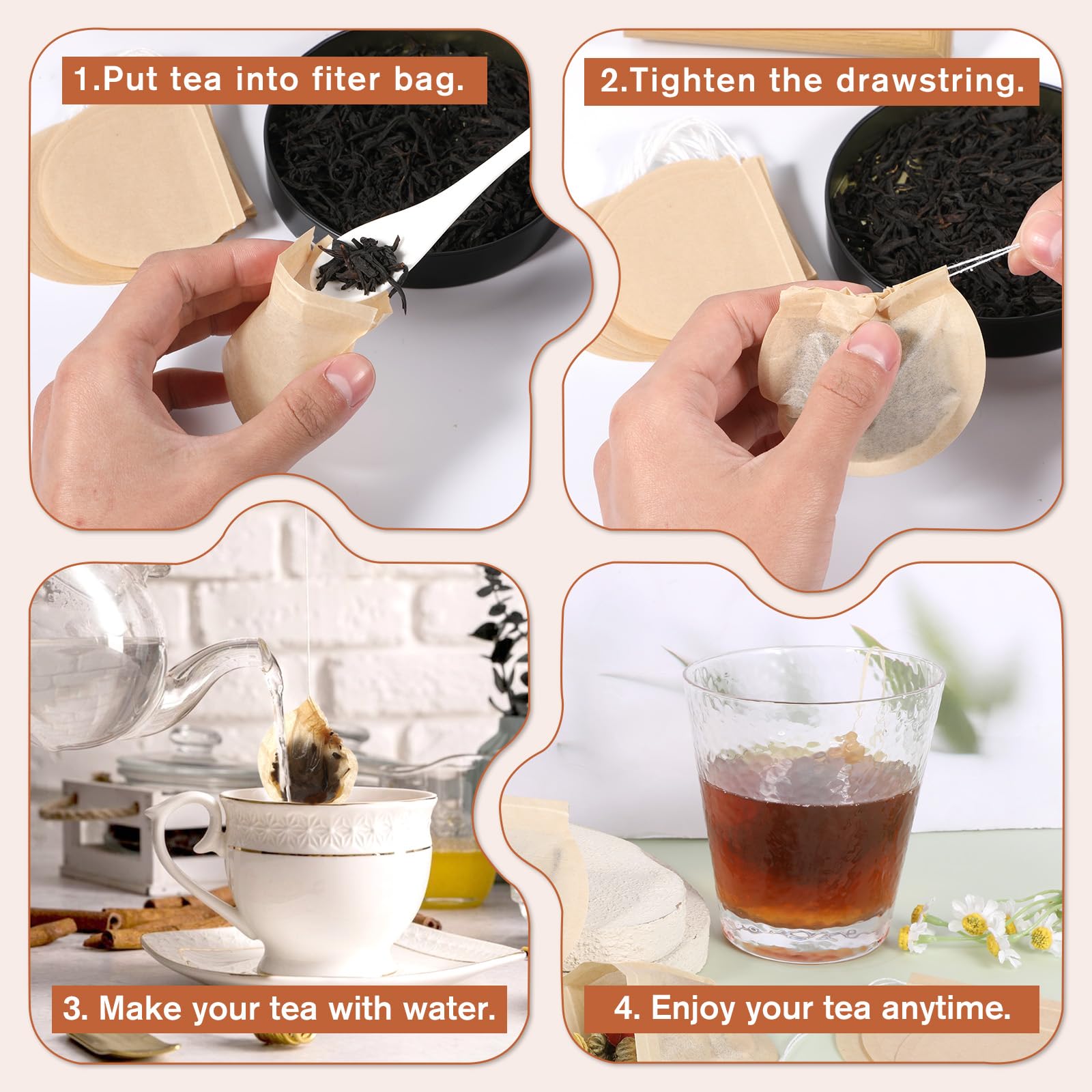 Bolsas de té vacías desechables redondas de papel sin blanquear con cordón, Ptwola 200 unidades para té de hojas sueltas, café, especias