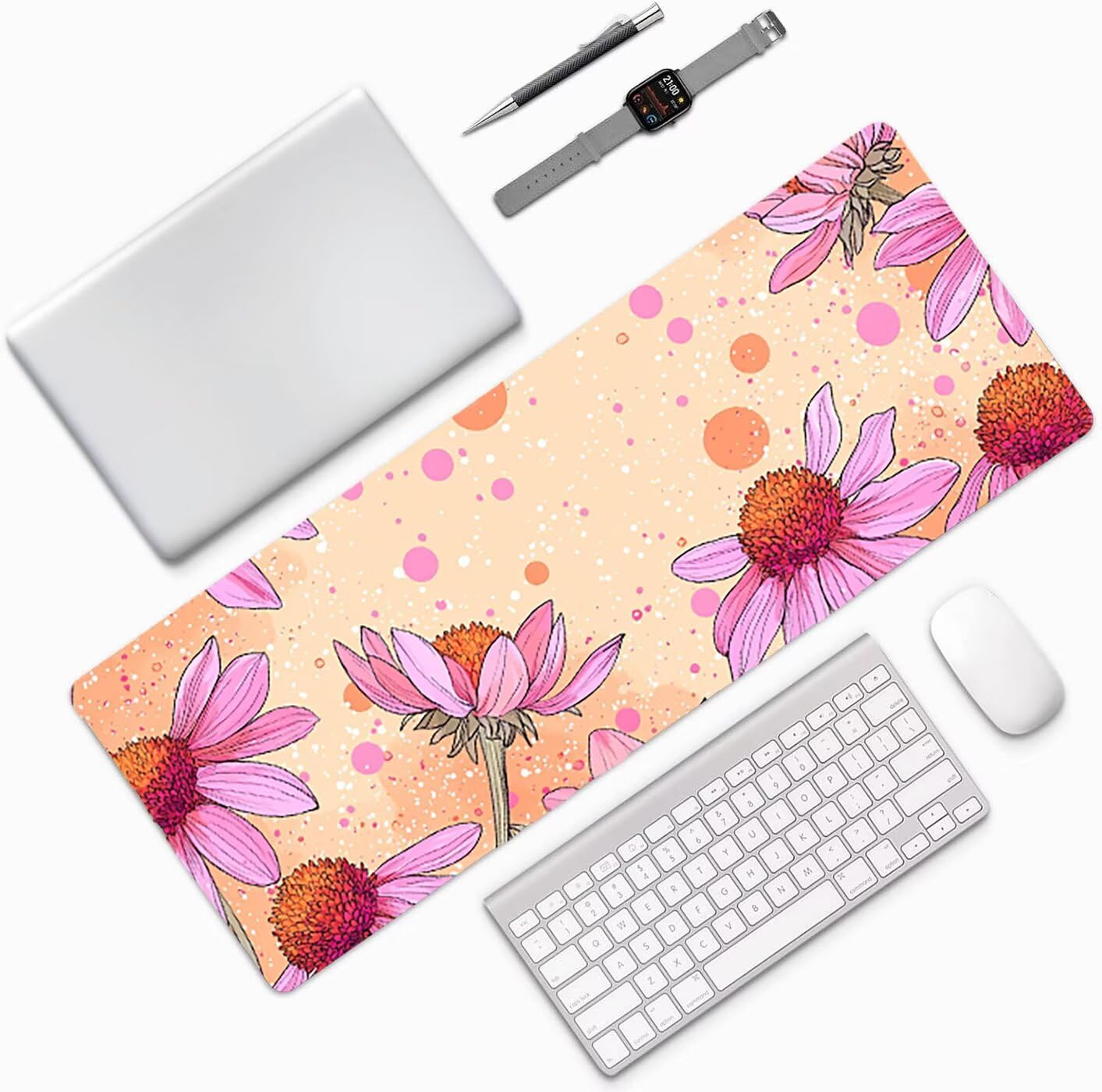 Lpfieonn Blume Großes Schreibtischunterlage, XXL Schreibtischunterlagen, Beige XXL Wasserdicht Gaming Mousepad mit Vernähter Rand und Rutschfeste Gummibasis, für Laptop/Hause/Büro 120x60cm PF-3331