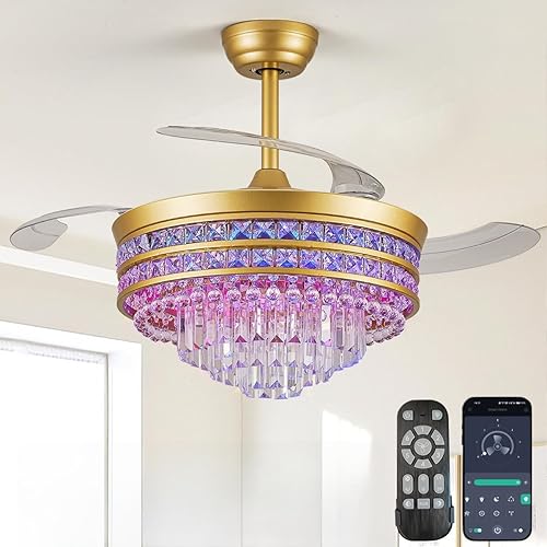 Ventiladores de techo retráctiles con luz y control remotoaplicación, ventilador de araña RGB de cristal de 42 pulgadas, iluminación sin aspas y