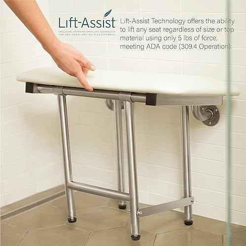 Miniatura 4 de Seachrome Asiento de ducha plegable de 24 x 15 pulgadas con cojín acolchado blanco para montaje en pared con patas, cumple con ADA
