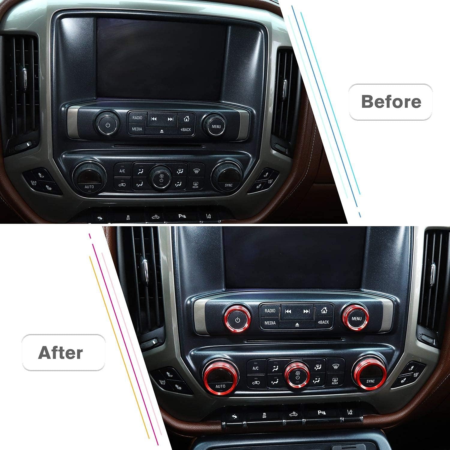 JeCar Center Console Switch Button Trim Air Conditioner Control Knob Cover for Chevy Silverado & GMC Sierra 2014-2018, Red