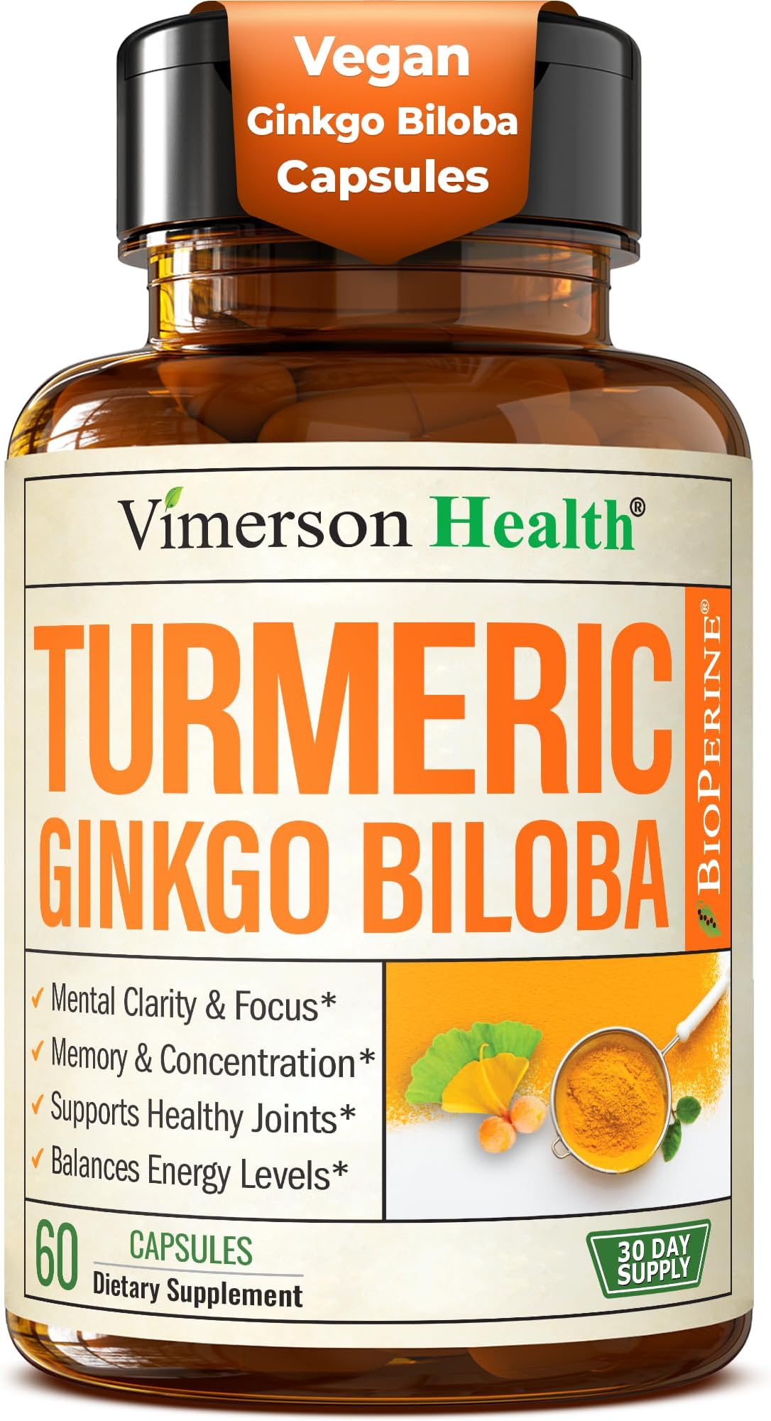 Turmeric Curcumin & Ginkgo Biloba with BioPerine - Herbal Supplement That Supports Focus, Memory, Brain Function, Mental Alertness, Concentration & Healthy Joint Support. 60 Vegan Capsules for Adults