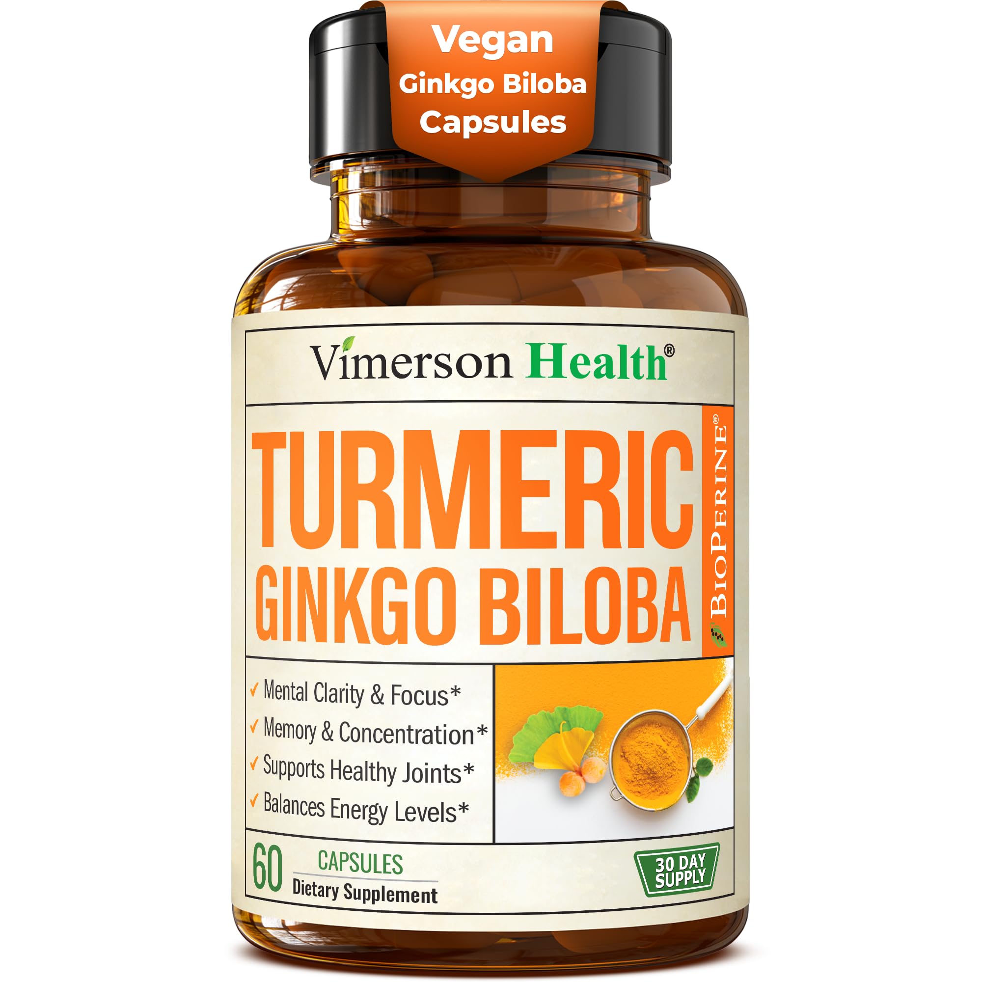 Turmeric Curcumin & Ginkgo Biloba with BioPerine - Herbal Supplement That Supports Focus, Memory, Brain Function, Mental Alertness, Concentration & Healthy Joint Support. 60 Vegan Capsules for Adults