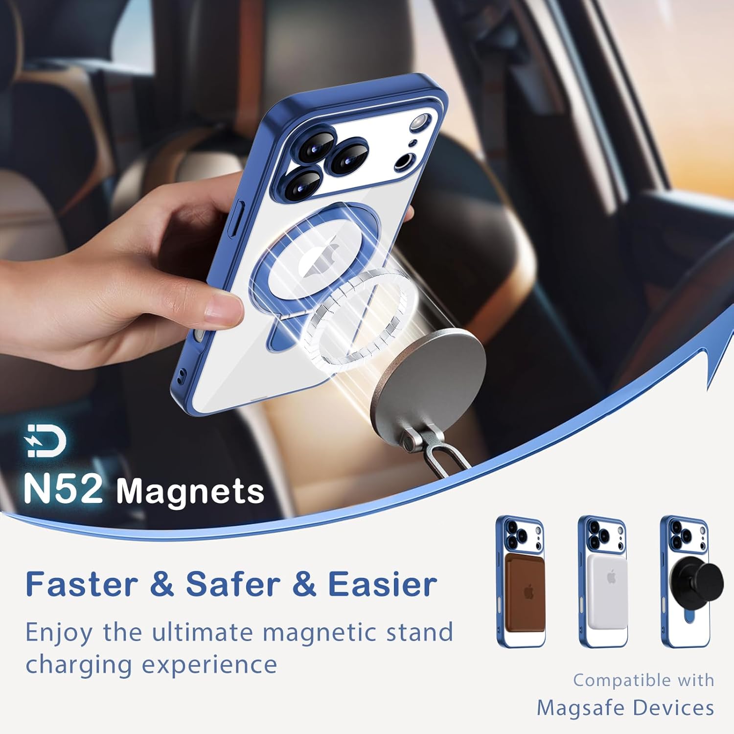 Magnetic for iPhone 17 Pro Max Case with Stand [Compatible with MagSafe] [Full Camera Protection] Cute Slim Clear Phone Case for iPhone 17 Pro Max Women Girls, Clear Navy Blue - Image 3