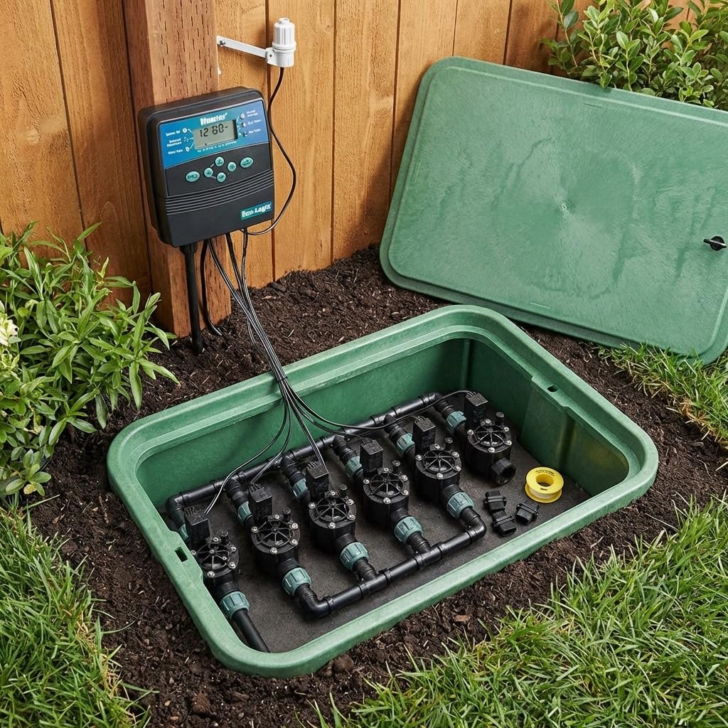 Suinga Kit Riego Automático 6 zonas 24V para Tuberia 25 mm | Incluye programador, electroválvulas, colector, sensor lluvia y arqueta