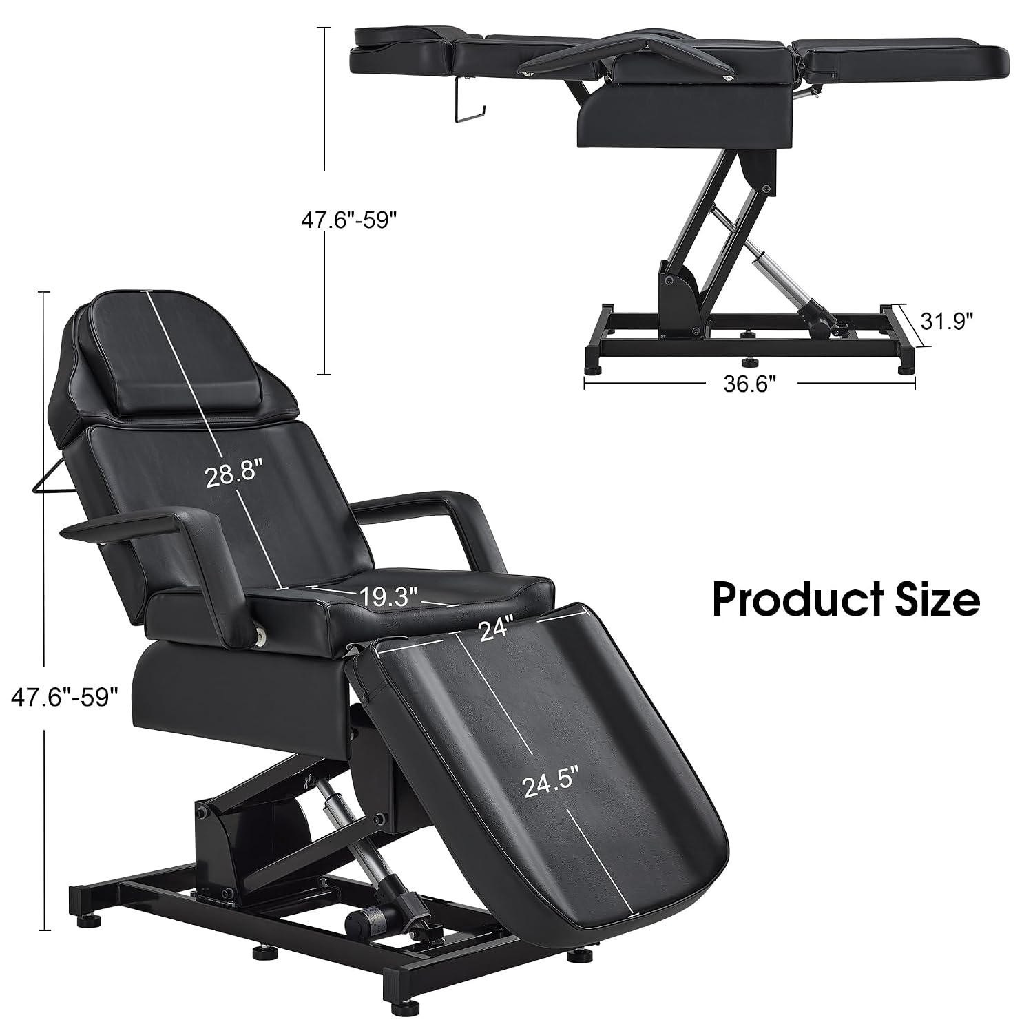 BarberPub Fully Electric Facial Bed with 3 Motor for Esthetician, Electric Tattoo Chair for Client, Facial Bed for Esthetician, Massage Adjustment 2751 (Black, Height (Flat): 25.2"–37")