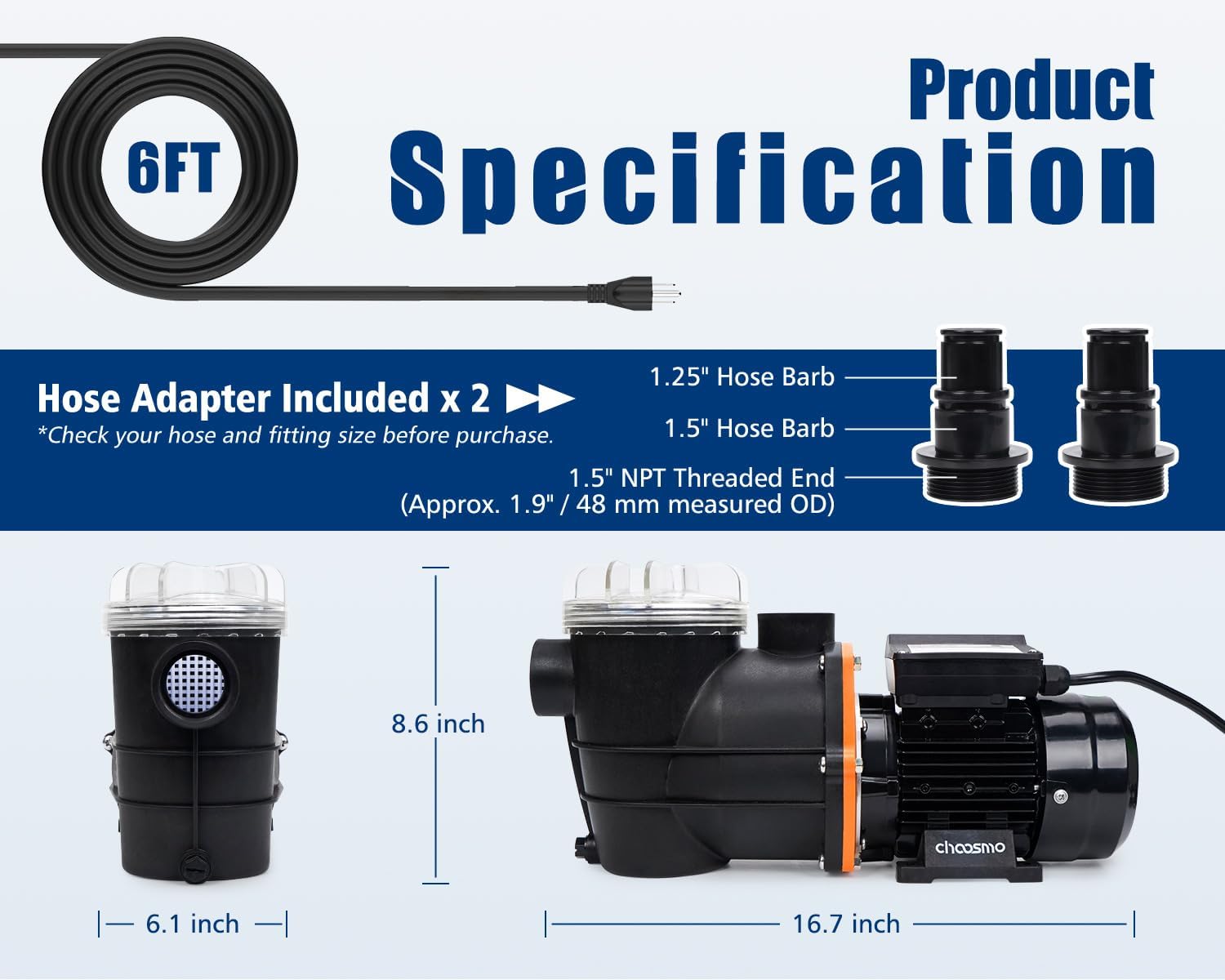 Diagram showing pump dimensions and included hose adapters for 1.25-inch and 1.5-inch hoses.