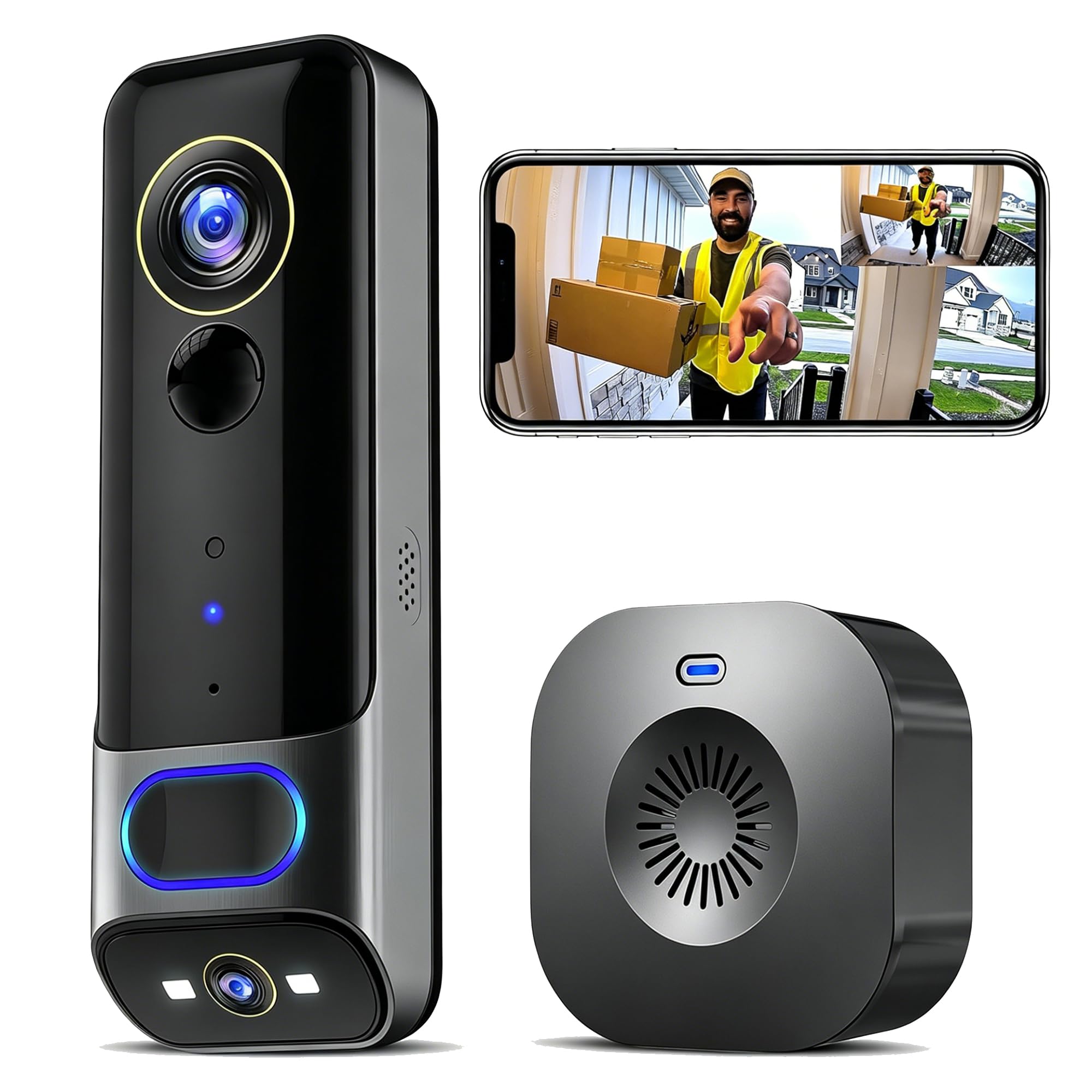 WEIYOUPIN 2K Video Doorbell with Dual Cameras,Wireless Smart Home Security Doorbell Camera,Two-Way Talk,Color Night Vision,Motion Alert,No Monthly Fee
