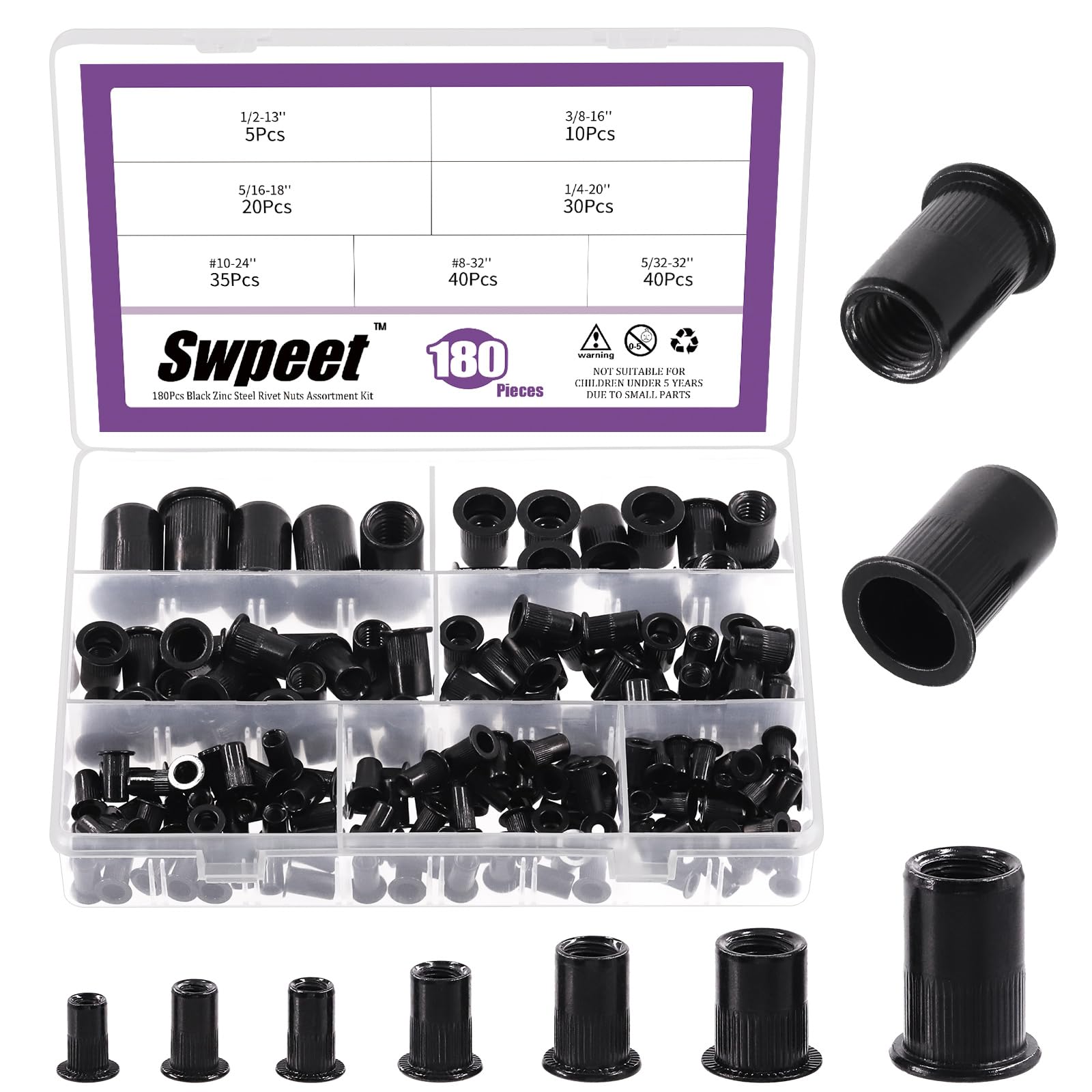 Swpeet 180Pcs 7 Sizes Rivet Nuts Kit, UNC 5/32"-32#8-32" #10-24" 1/4"-20 5/16"-18 3/8"-16 1/2"-13 Rivet Nut