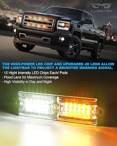 Miniatura 3 de LUMENIX Kits de luces estroboscópicas de rejilla para camiones con controlador, 8 unidades de luz LED ámbar blanco de alta intensidad para montaje
