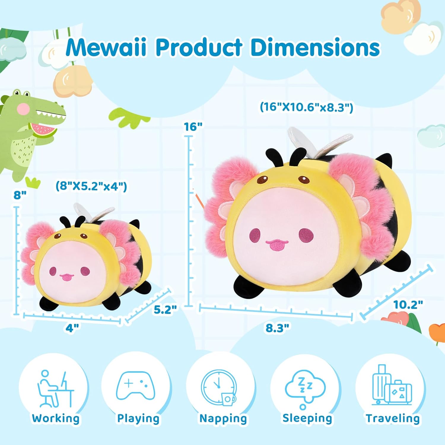 Mewaii Cute Axolotl Bee Plush Pillow, Kawaii Plushies Axolotl Stuffed Toy, Axolotl Plushies with Bee Outfit Costume, Soft Squishy Birthday Gifts for Kids & Teens (8 Inch)