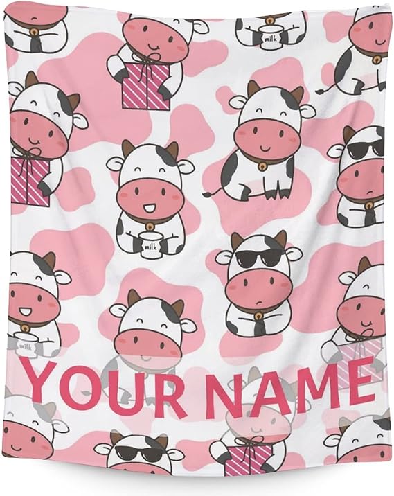 Personalized Cow Blanket Gifts with Name - 40"x50" Cute Throw for Women, Girls - Pink Soft Fuzzy Blankets for Couch & Sofa