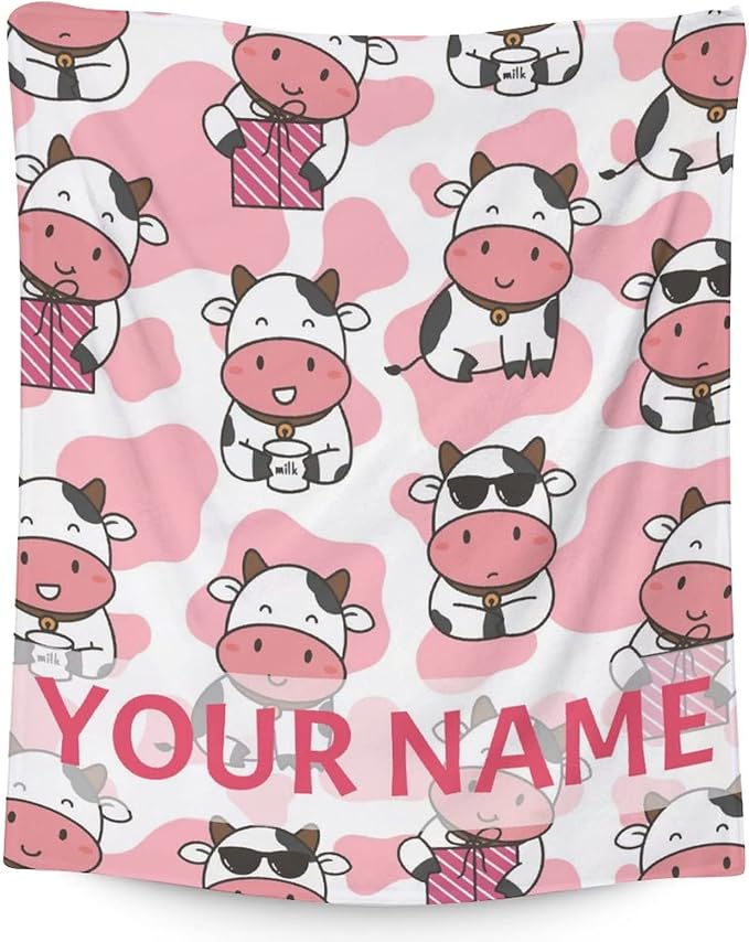 Personalized Cow Blanket Gifts with Name - 40"x50" Cute Throw for Women, Girls - Pink Soft Fuzzy Blankets for Couch & Sofa