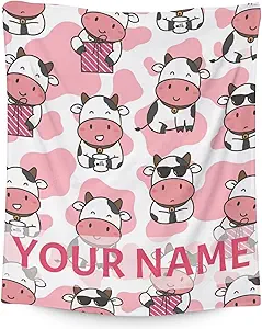 Personalized Cow Blanket Gifts with Name - 40"x50" Cute Throw for Women, Girls - Pink Soft Fuzzy Blankets for Couch & Sofa