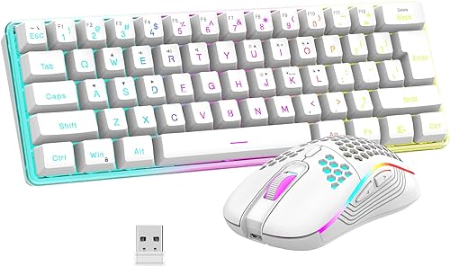 RedThunder Combo de teclado y mouse inalámbricos 60% para juegos, batería recargable de 2500 mAh, teclado pequeño ultracompacto RGB con sensación