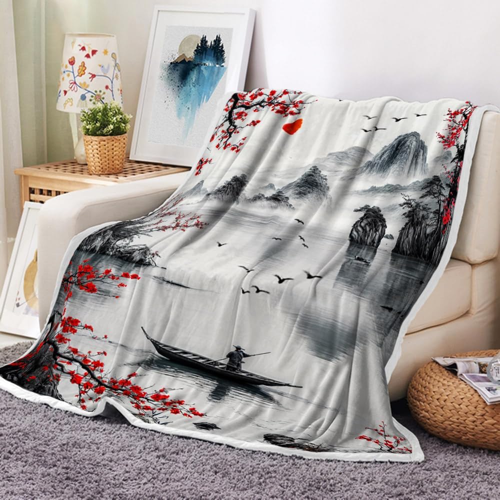DYNH Japanese Cherry Blossom Throw Blanket, Asian Nature Landscape Throw Blanket, Mountain Cherry Branches Red Sun Ink Painting Soft Warm Flannel Black White Grey Blanket,60X80