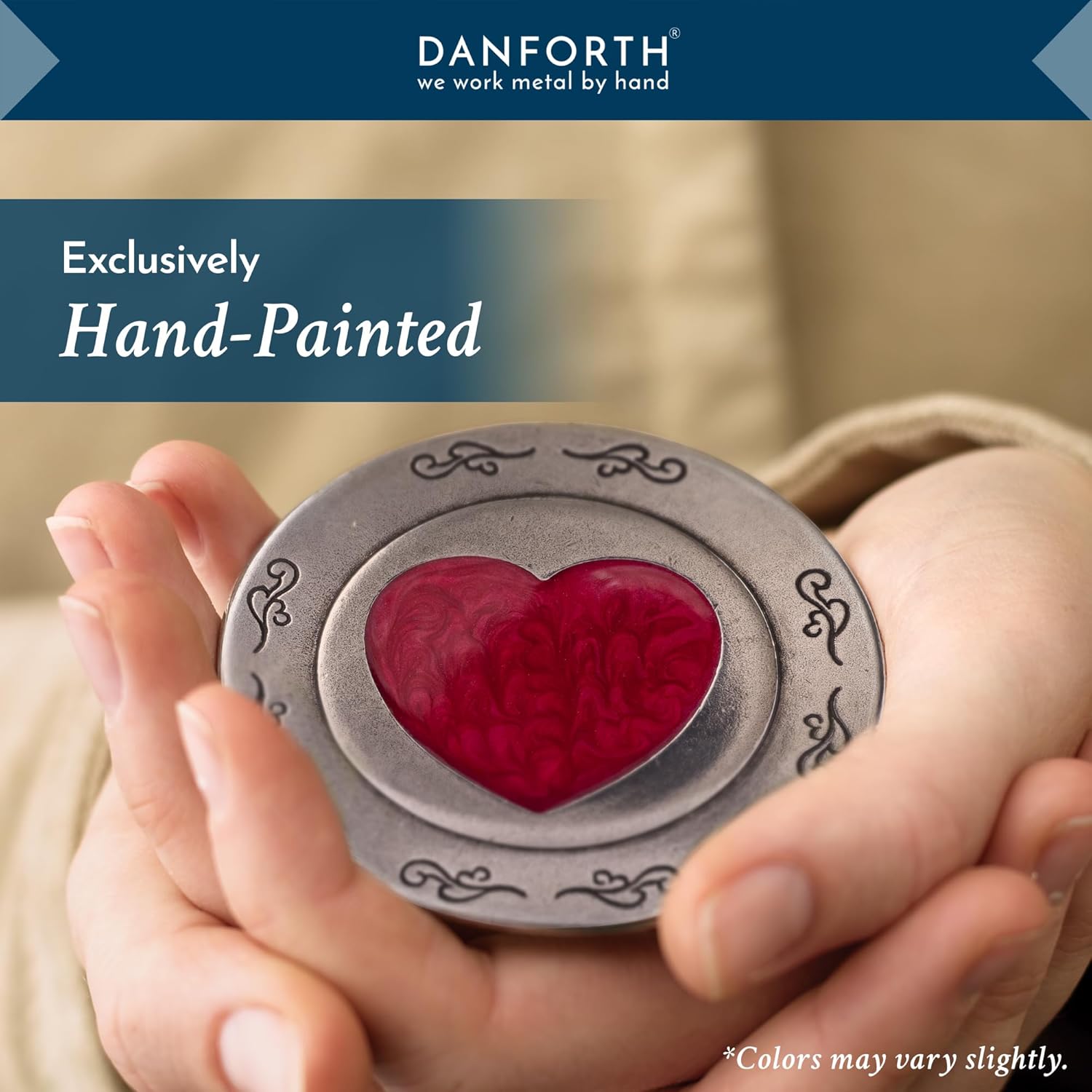 DANFORTH - Hearts Pewter Purse Mirror (Red) - 3 1/2 Inch Diameter - Gift Boxed