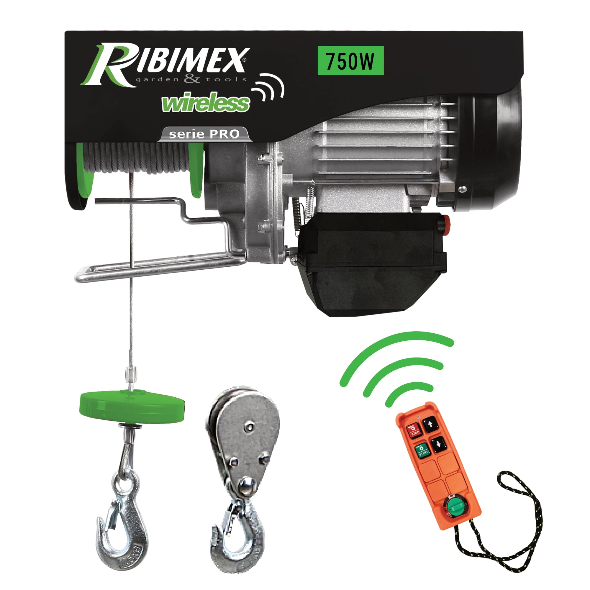 Ribimex Paranco Elettrico Telecomandato da 200/​400 Kg con Puleggia e Fune in Acciaio Intrecciato di 18 m, Motore Monofase e Comando Wireless - PE200/​400T