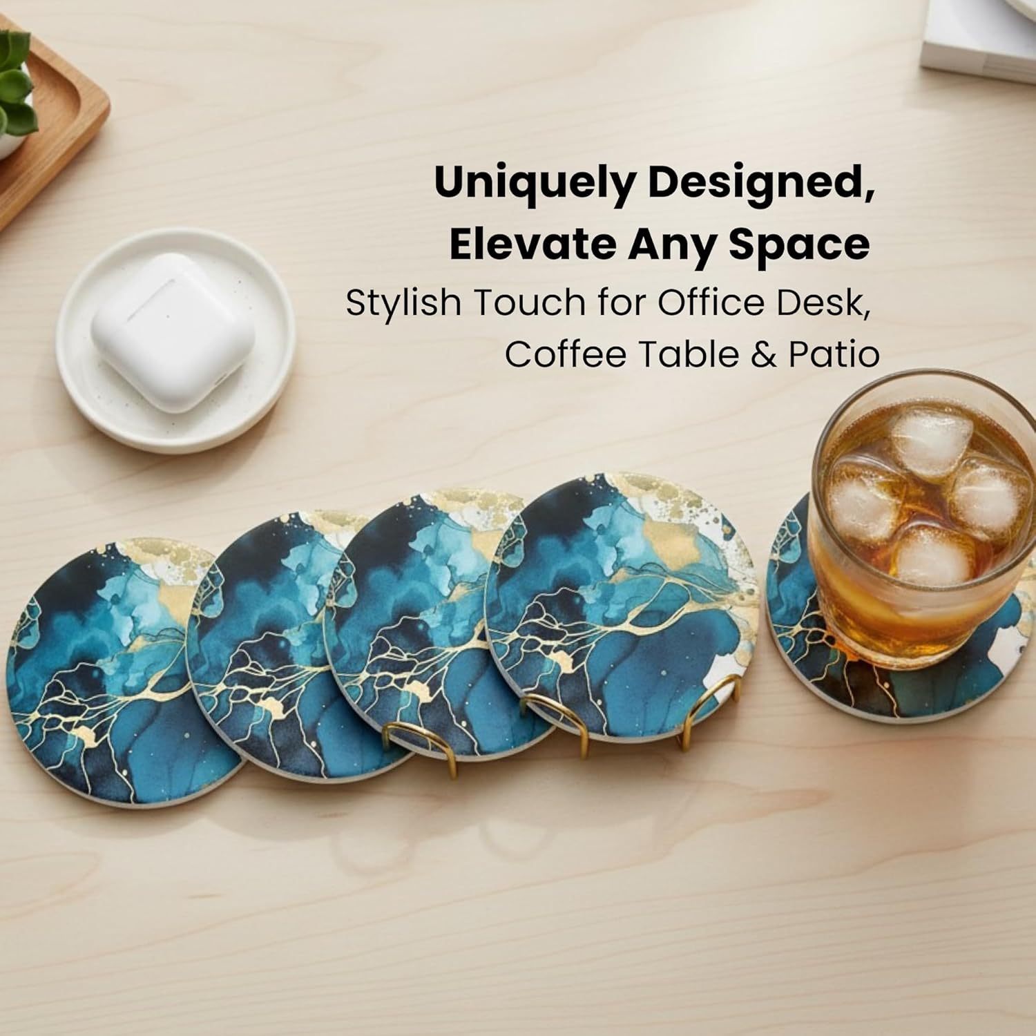 Colorful Stone Marble Coasters Set of 6, Cute Moisture Absorbing Coaster, Coffee Table Decor, Ceramic Absorbent Drink Coasters (Teal) - Image 8