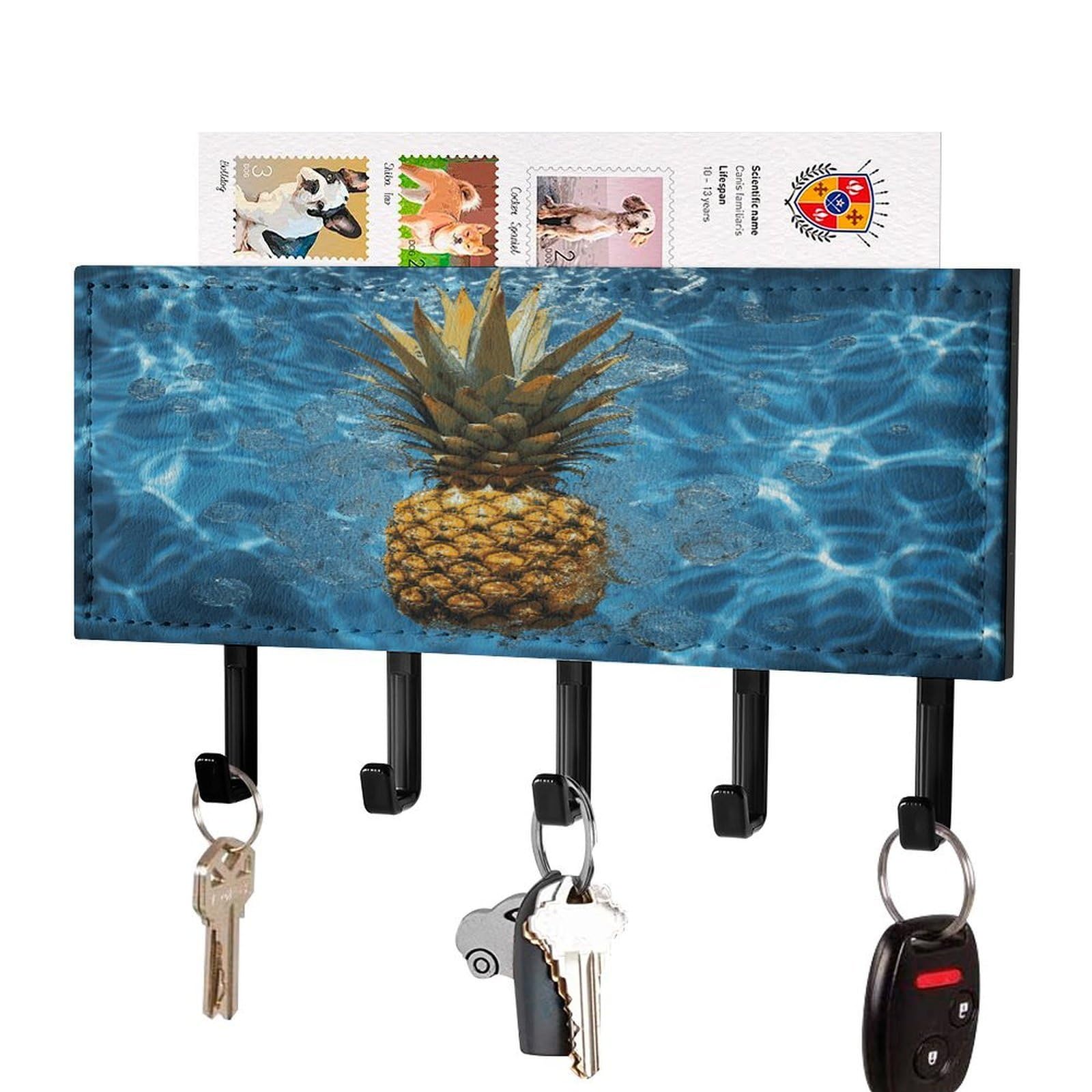 FekiLoot Pineapple in The Pool Key Holder for Wall Decorative Mail Organizer with 5 Key Hook Self Adhesive Key Rack with Tray Coat Rack Wall Mount Key Hanger Decor for Entryway Door