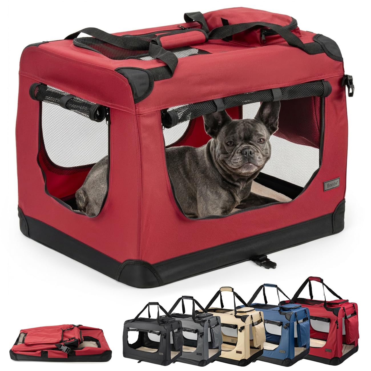 lionto Foldable Dog Crate for Travel and Car, 70 x 52 x 50 cm, Red