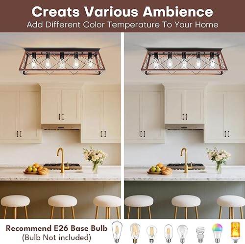 Miniatura 5 de Lámpara de techo de montaje empotrado de 31.5 pulgadas, lámpara industrial vintage de 5 luces con acabado negro mate y bronce cepillado, iluminación