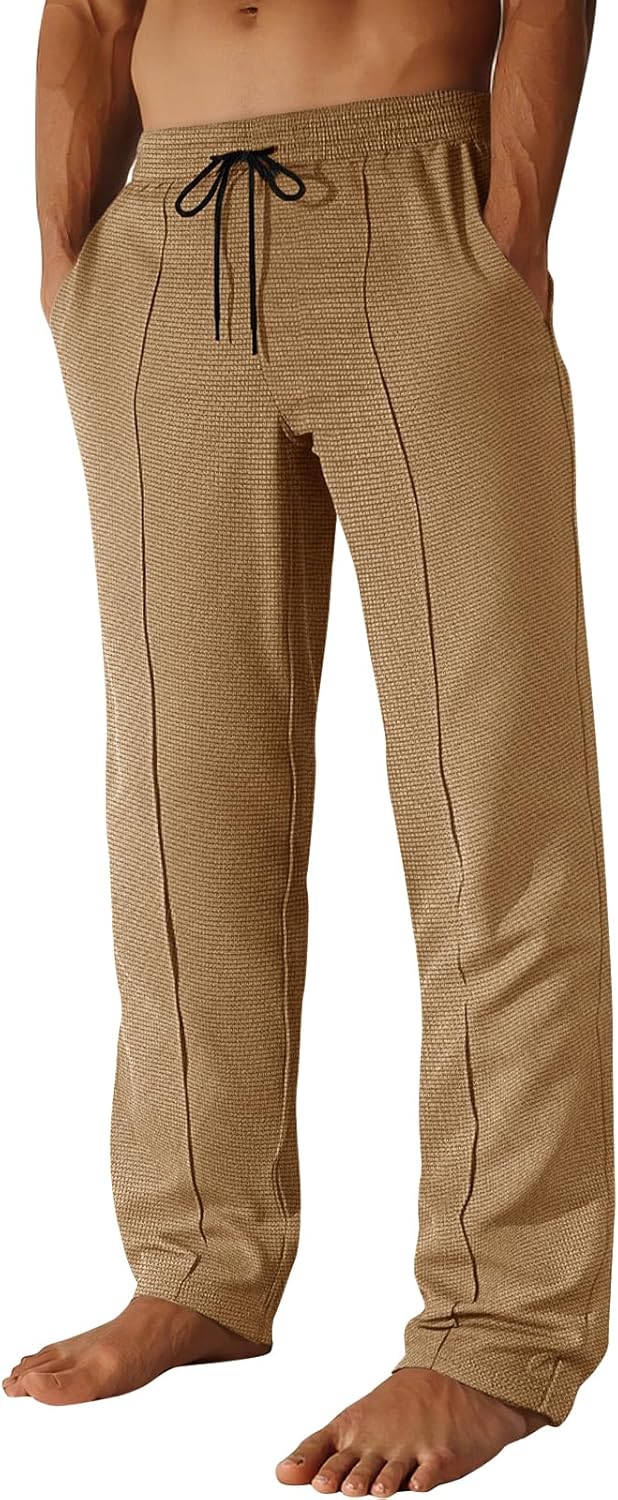 Runcati Mens Casual Sweat Pants Pleated Drawstring Elastic Waist Waffle Straight Leg Joggers Sweatpants with Pockets