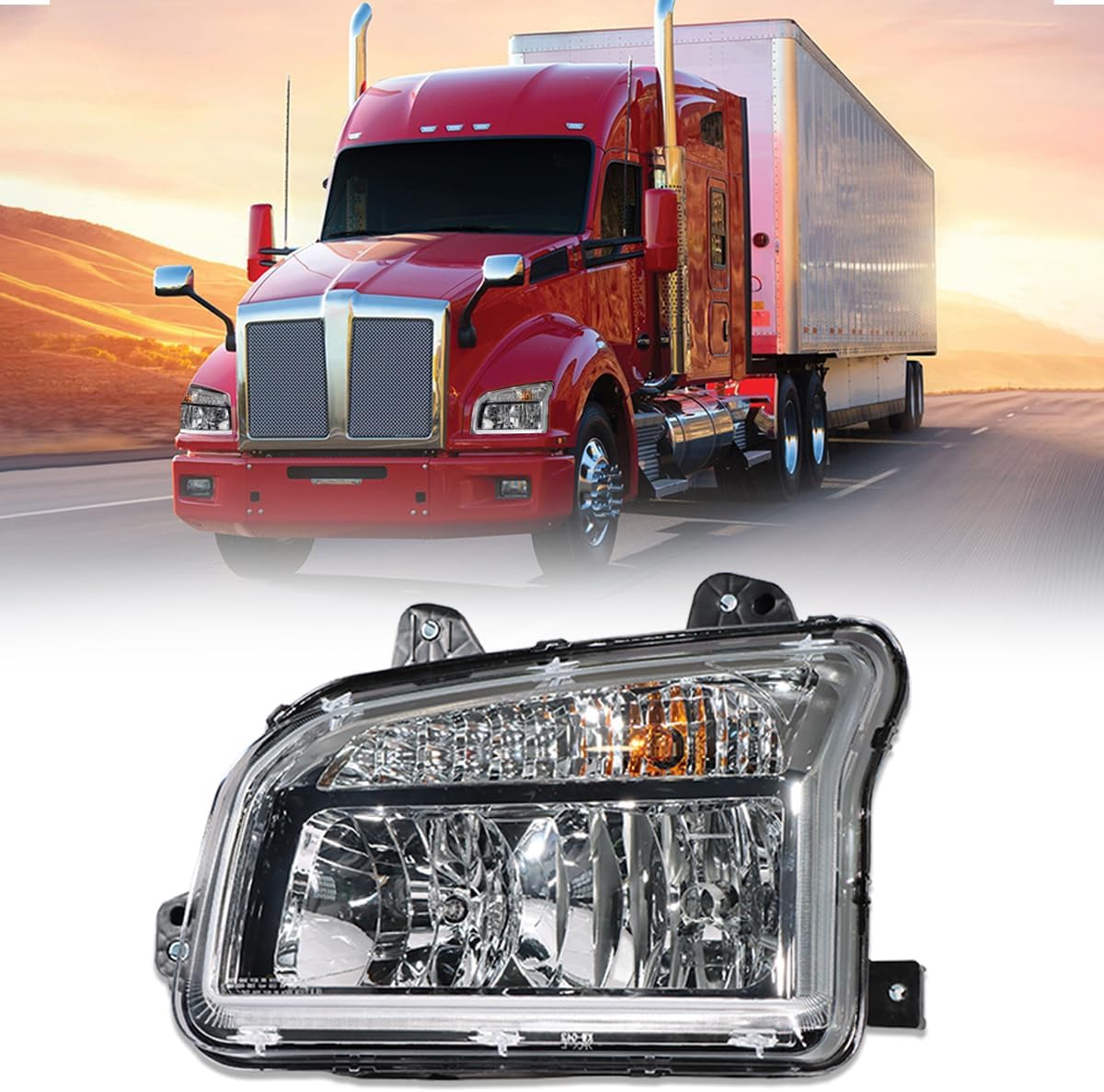 Chrome Headlights Fits Kenworth T880 2014-2023 Headlights Assembly Lamps for Kenworth T880 Replacement Passenger Right Side T880 Semi Truck Accessories (RH)