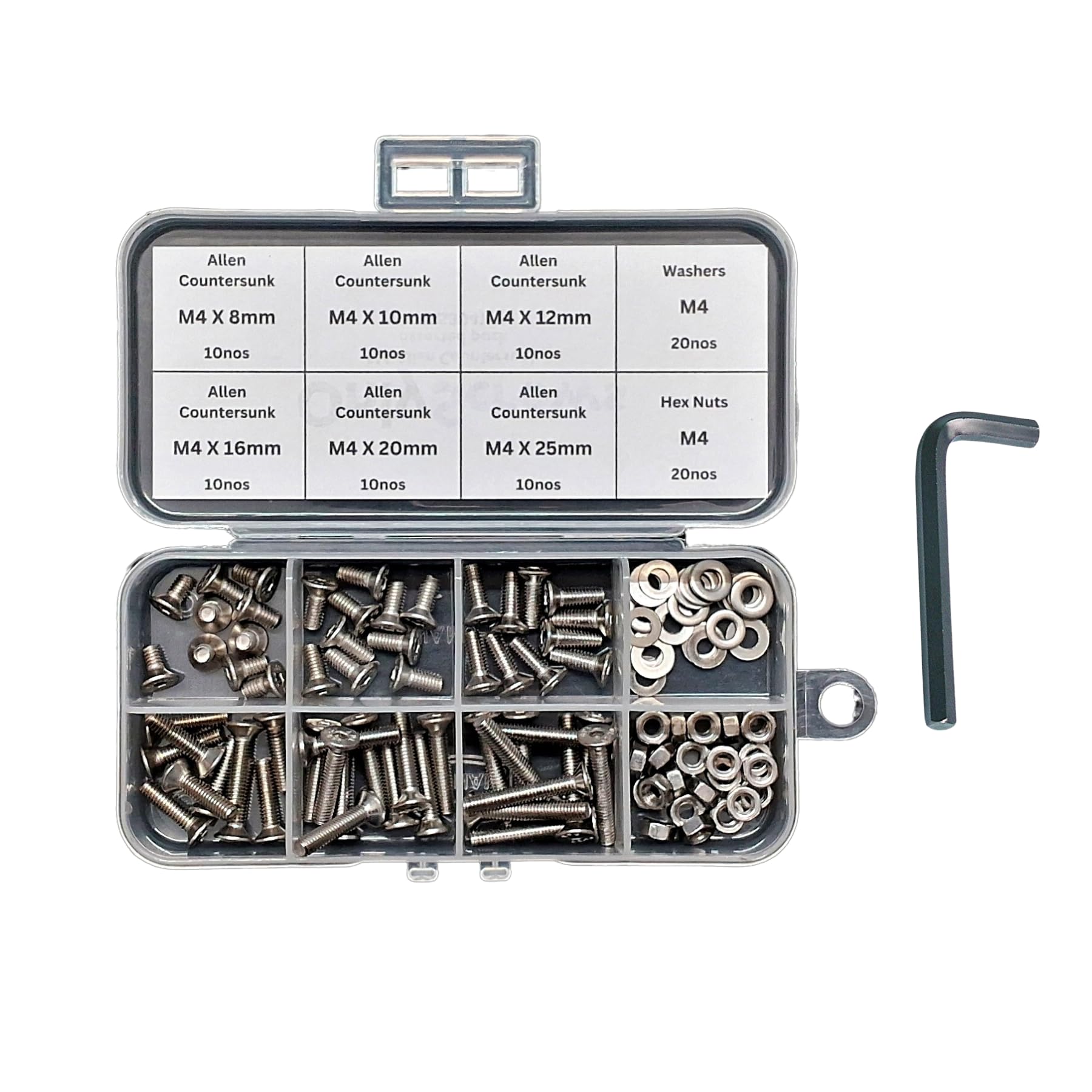 110-Piece M4 Allen Countersunk Screw Set, SS304 Stainless Steel, Assorted Lengths 8-25mm with Washers and Nuts Along With Allen Key.-image-44