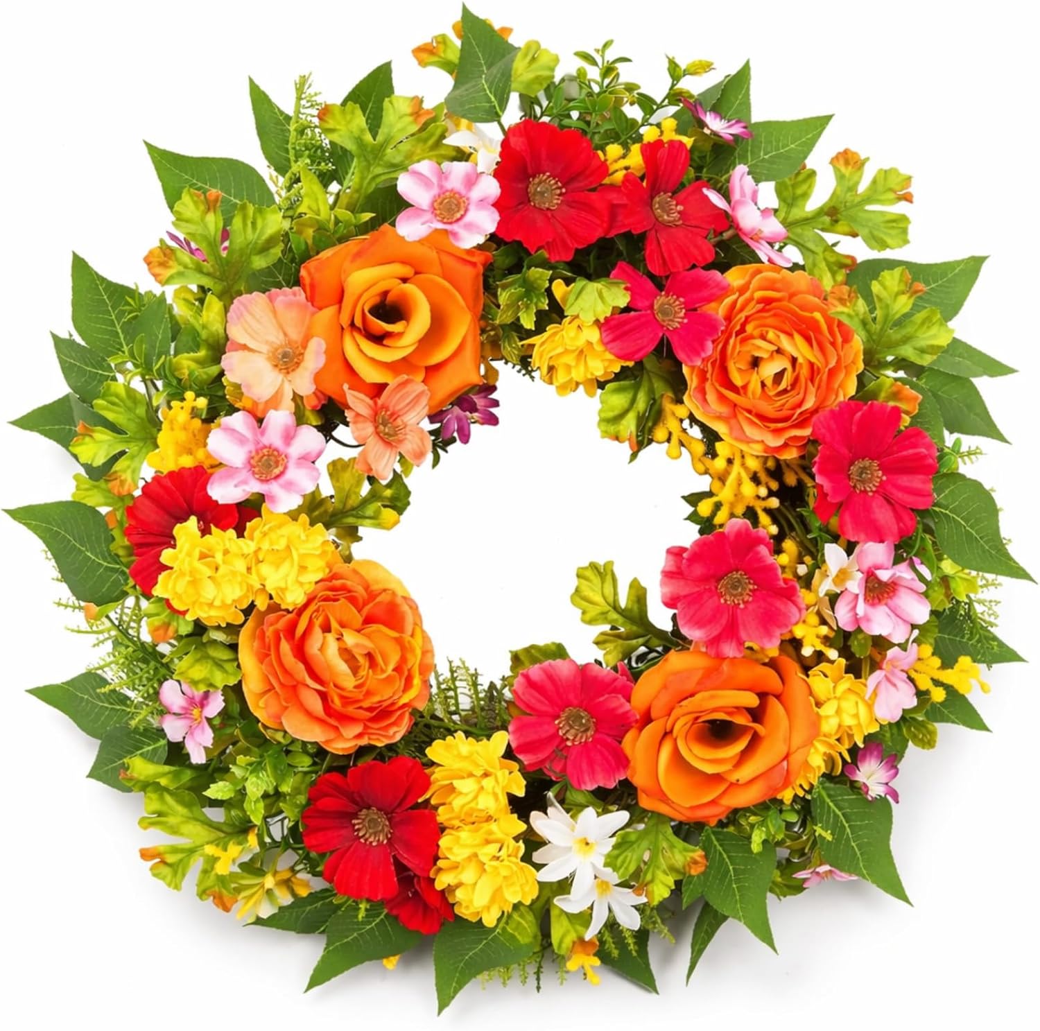 zjlmit 20 Inch Spring Wreath for Front Door, Artificial Silk Flower Wreath on Grapevine Base with Orange Rose-Style Blooms, Multicolor Floral Accents and Greenery, Indoor Wall Entryway Decor
