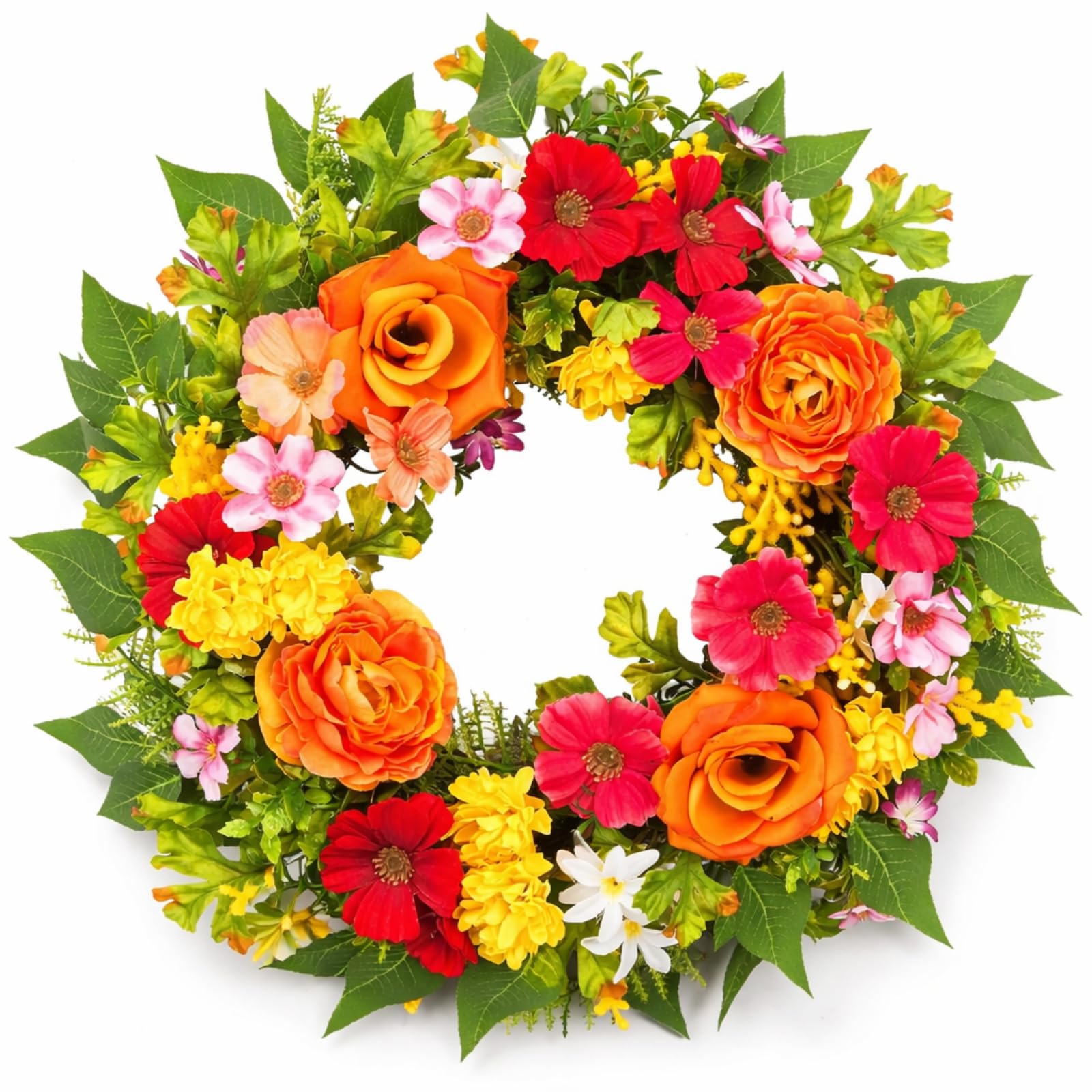 Photo 1 of zjlmit 20 Inch Spring Wreath for Front Door, Artificial Silk Flower Wreath on Grapevine Base with Orange Rose-Style Blooms, Multicolor Floral Accents and Greenery, Indoor Wall Entryway Decor