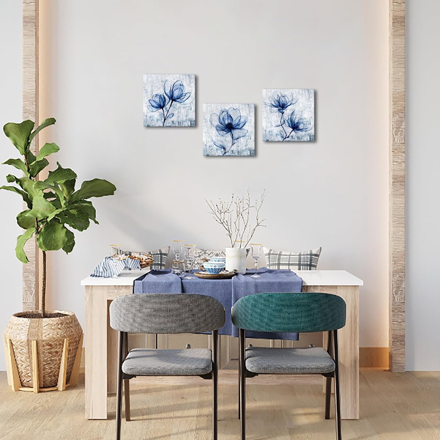 VANSEEING 3 Pieces Floral Wall Art Canvas Prints Vintage Magnolia Flower Navy Blue Wall Decor Botanical Painting Plants Pictures Artwork Decoration for Bathroom Bedroom 12"x12"x3
