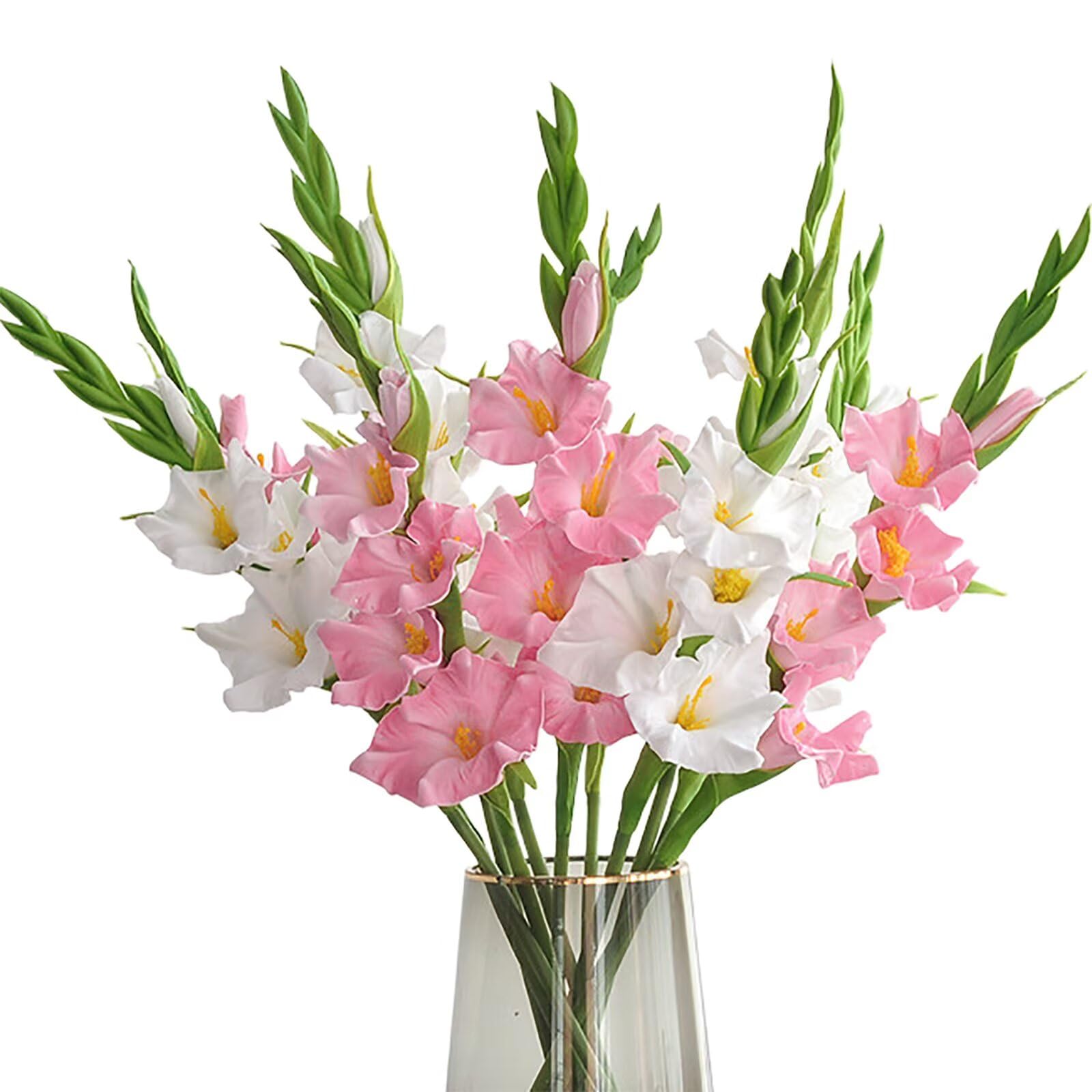Künstliche Gladiolen, weiße und rosa, künstliche Gladiolen, Seide, Gladiolen, Blumen mit Stielen, künstliche Gladiolen, Blumen für Hochzeit, Garten, Zuhause, Party, Tisch, Blumenarrangement