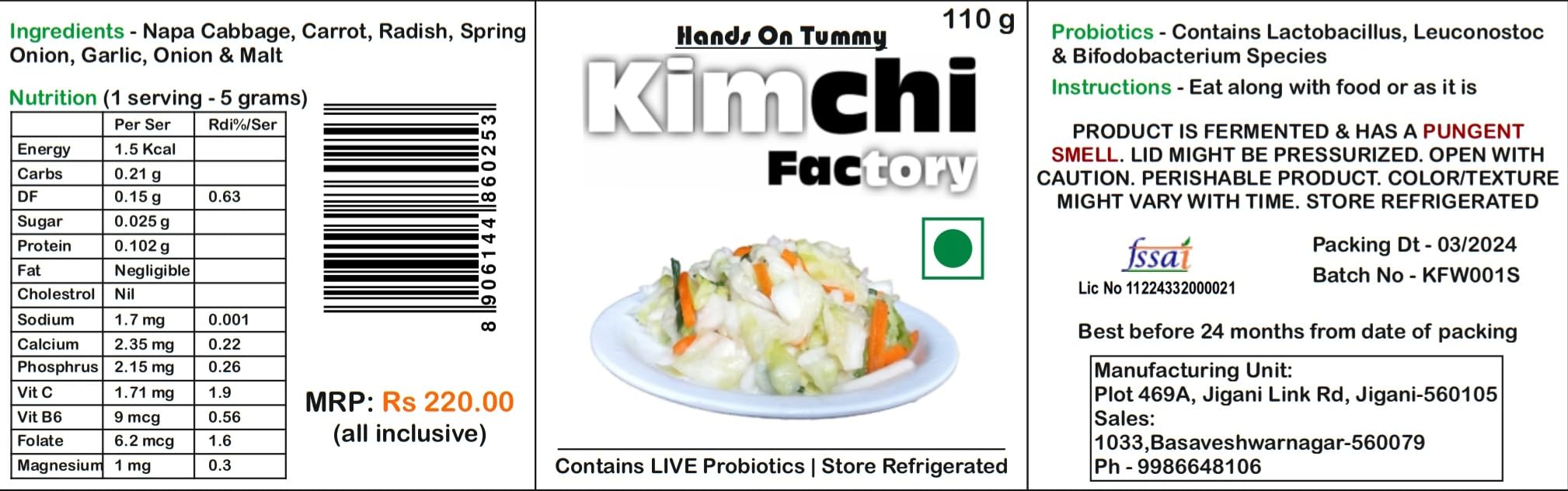 Kimchi Factory - White Kimchi - Non Spicy Korean (Probiotic + Prebiotic) Pickle For Gut Health - Hands On Tummy (110 grams) 2
