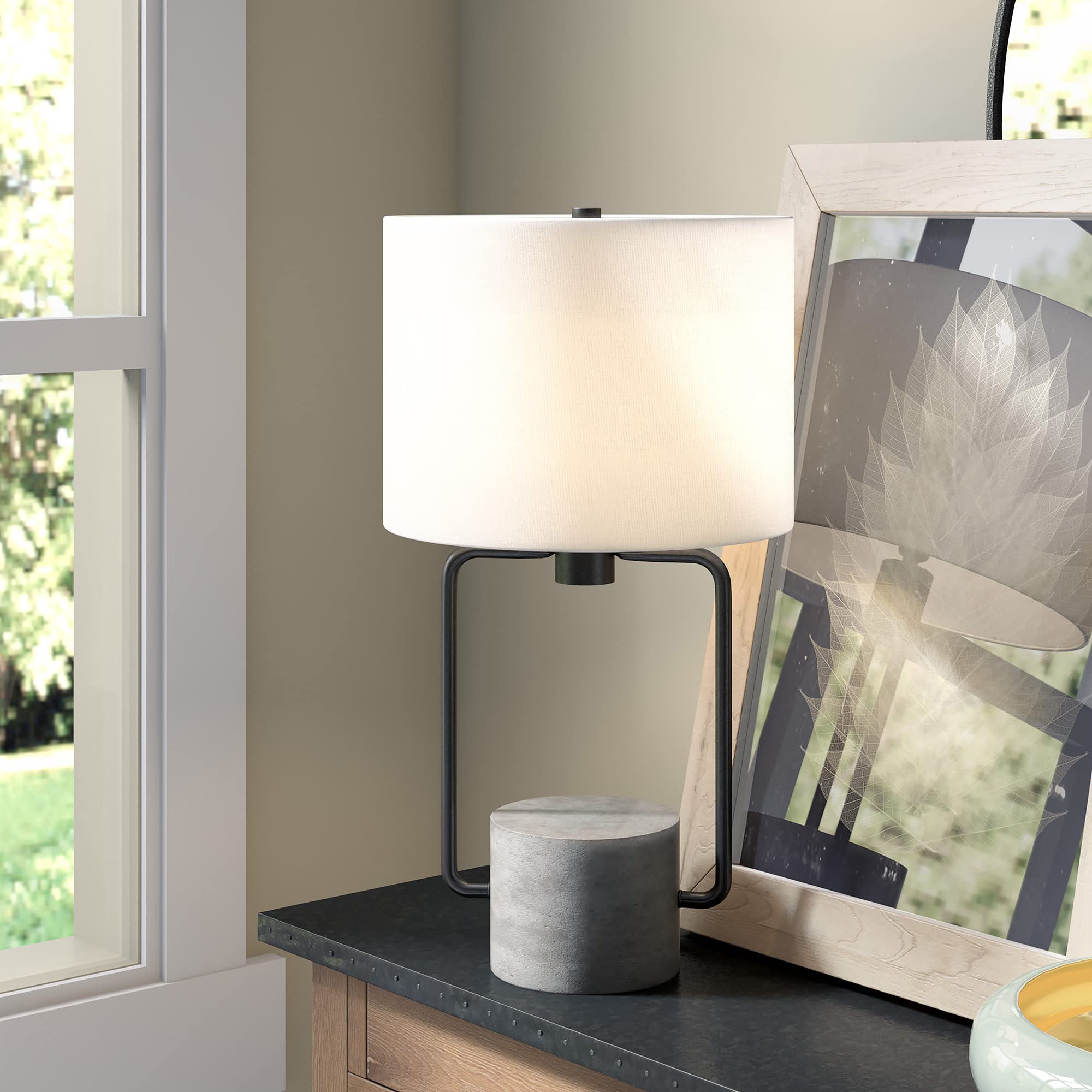 Henn&Hart Howland 22" Tall Table Lamp with Fabric Shade in Blackened Bronze/Concrete/White, Lamp, Desk Lamp for Home or Office