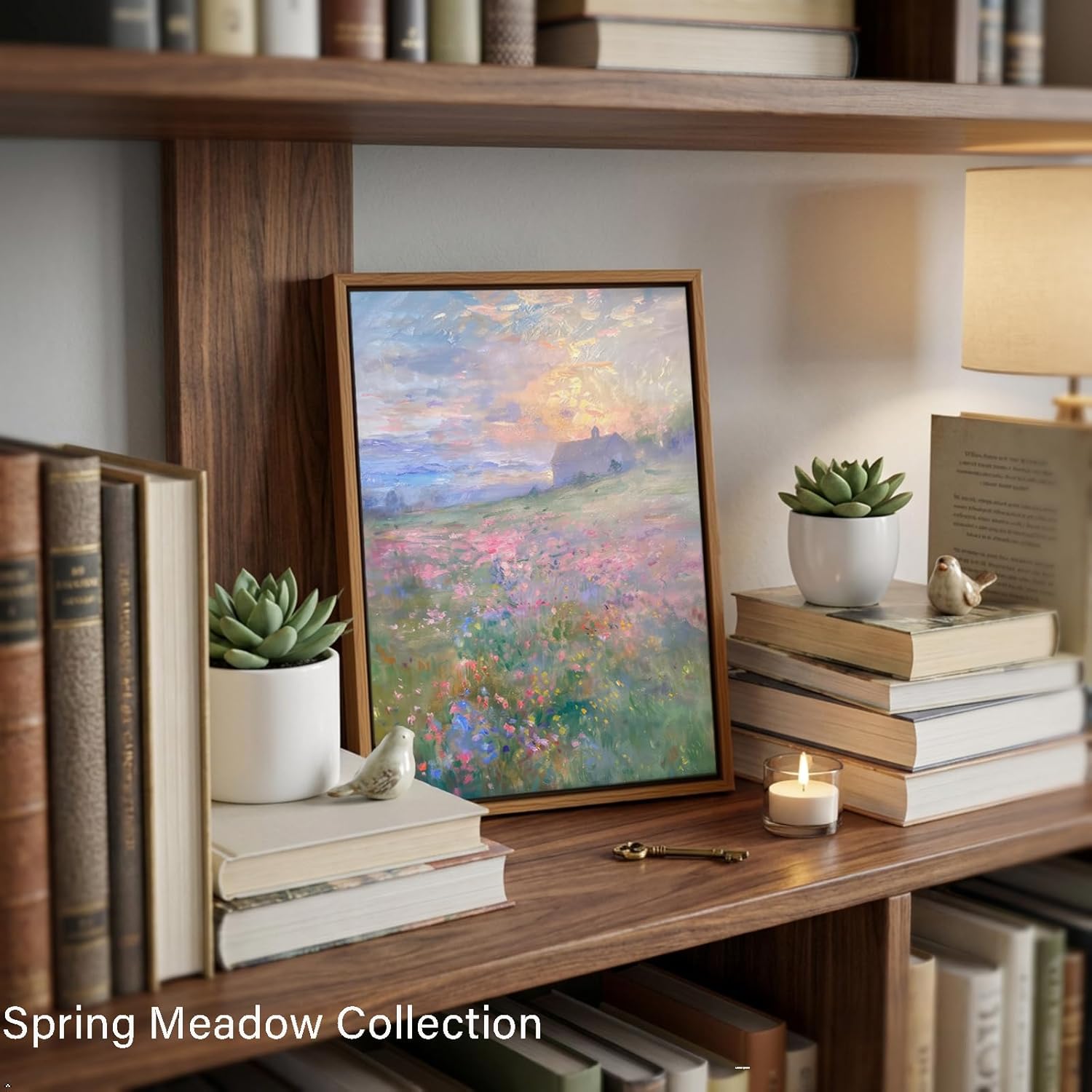 Framed Spring Floral Canvas Wall Art Impressionist Wildflower Meadow Landscape Painting Print Vintage Farmhouse Cottagecore Picture with Floating Frame for Living Room Bedroom 16x12 Ready to Hang