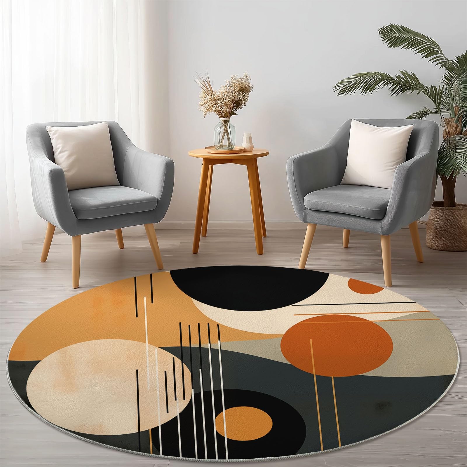 Round Rug 60 cm, Machine Washable Rug, Non Slip Floor Carpet, Low Pile, Abstract Soft Orange Circles Lines Area Rugs for Living Room Bedroom Kitchen Nursery Lounge Office Chair