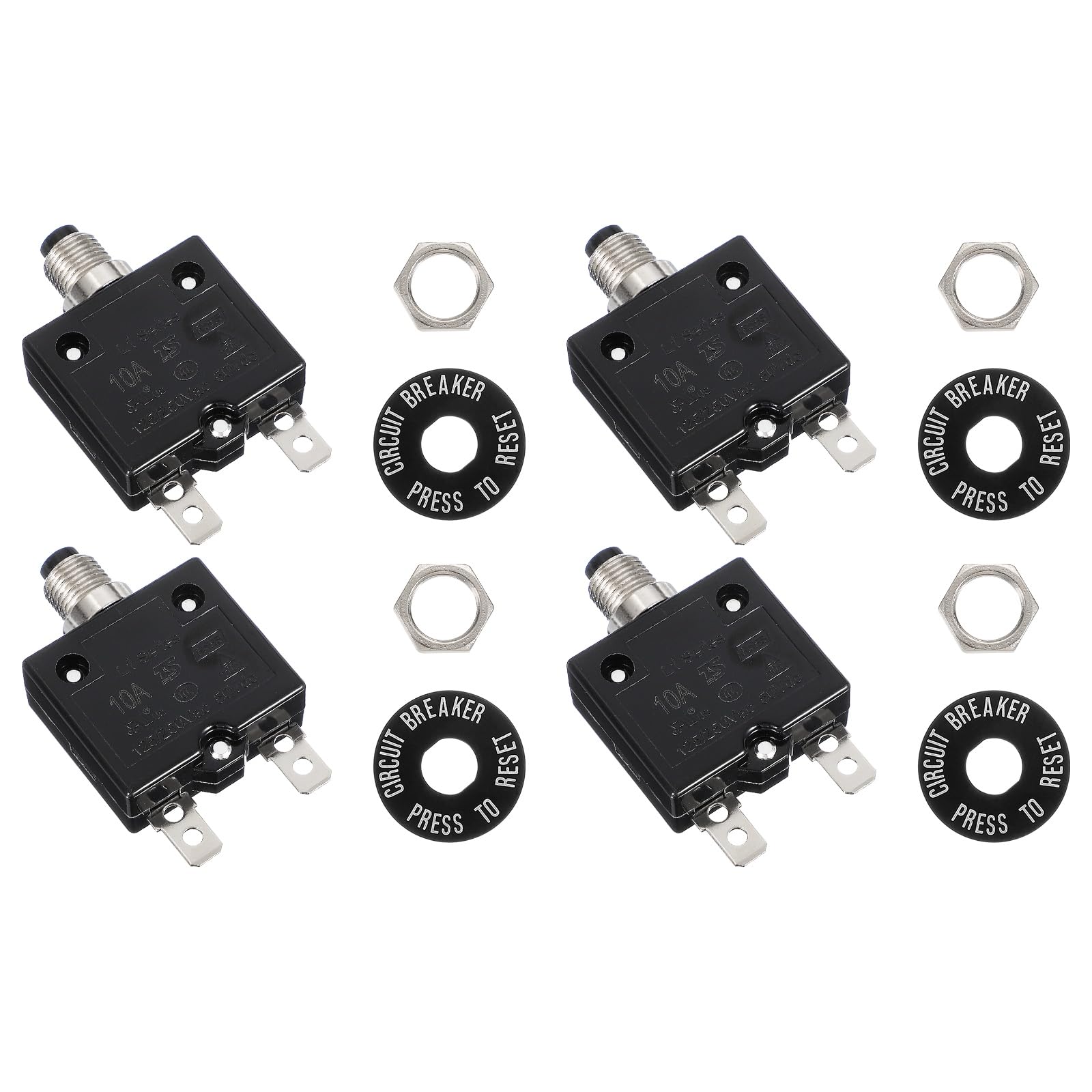 sourcing map 4 Pcs 10Amp Push Button Circuit Breaker,125/250V AC 50V DC Manual Reset Thermal Overload Protector Thermal Circuit Breaker for Industrial Auto Cars