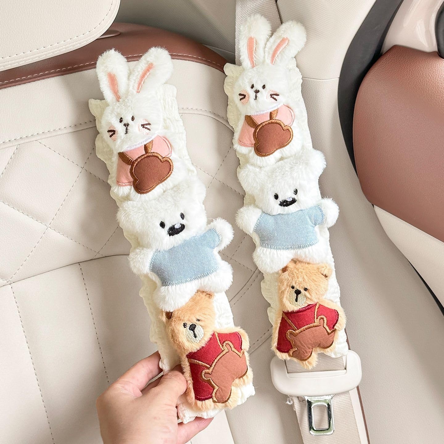 2 PCS Seat Belt Cover Pad, Cute Kawaii Animal Bunny Bear Soft Seatbelt Covers for Kids, Seatbelt Cushion, Car Seat Strap Pads for Summer Spring (White)
