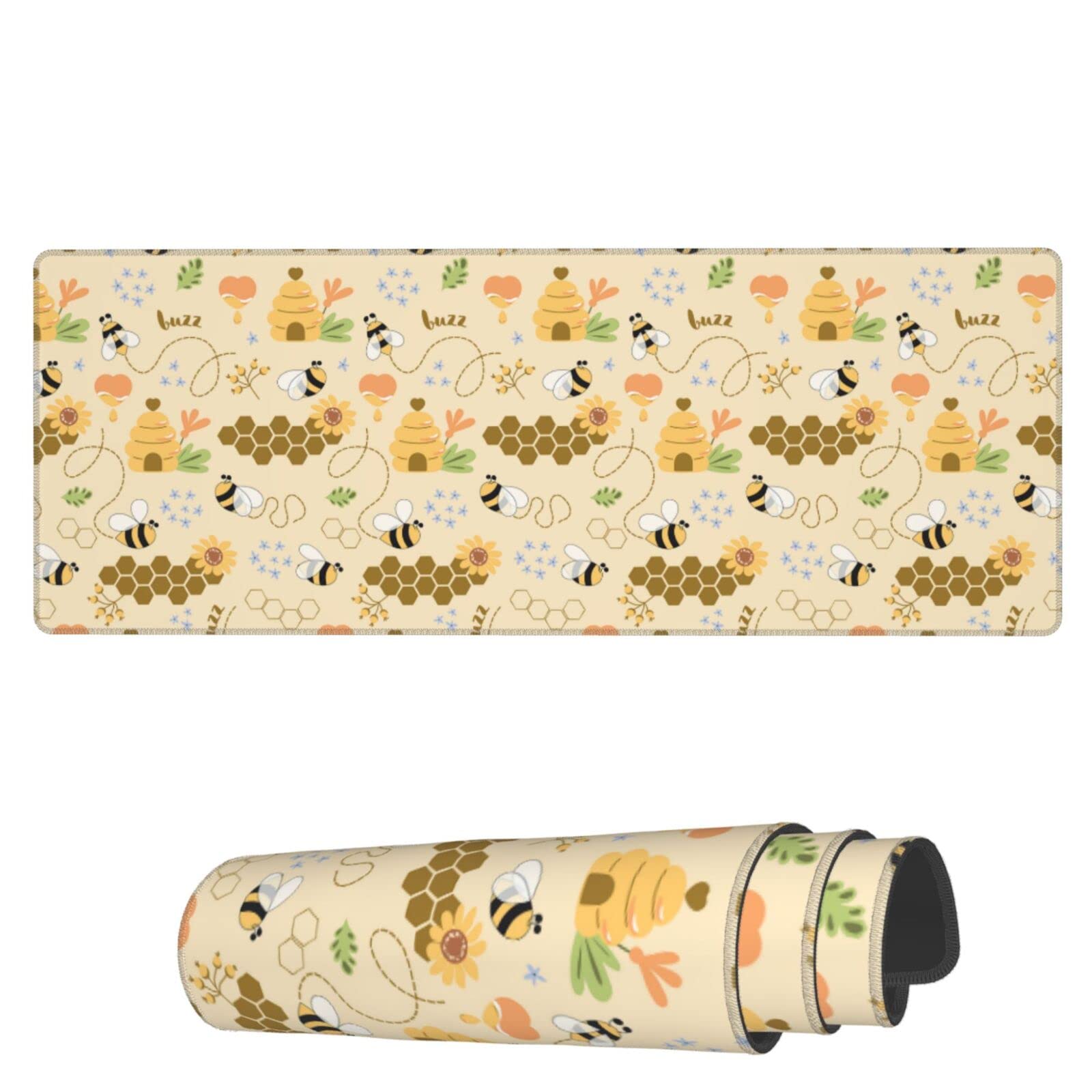 AoHanan Large Mouse Pad Sweet Honey Cute Bees Gaming Mousepad Extended Keyboard Mouse Mat Desk Pad Non-Slip Stitched Edge Rubber Table Mat,31.5 X 11.8