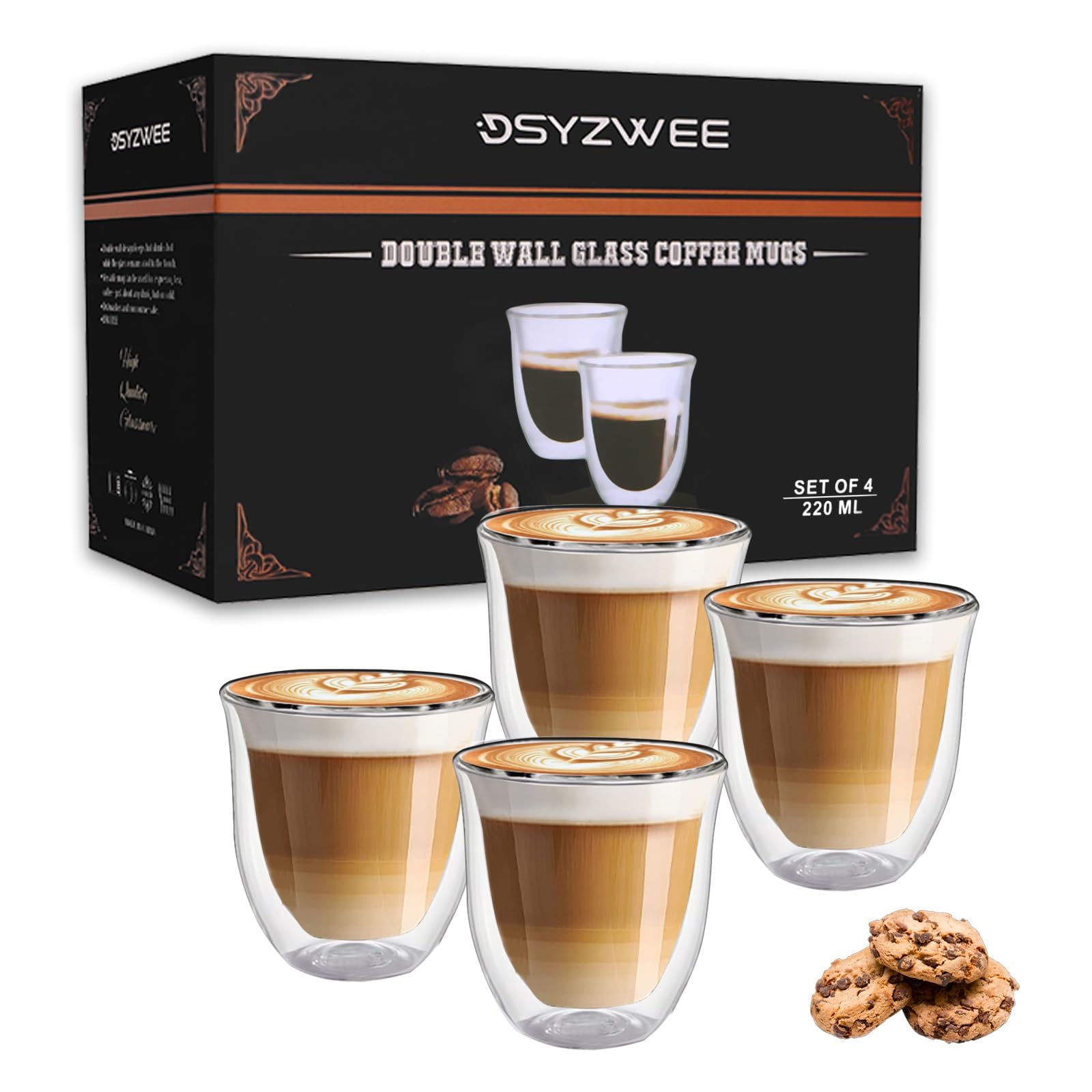 DSYZWEE Doppelwandige Kaffeegläser 220 ml 4er Set, Espressotassen Glas aus Borosilikatglas, Cappuccino Gläser Doppelwandig für Kaffee, Flat White, Tee & Iced Coffee