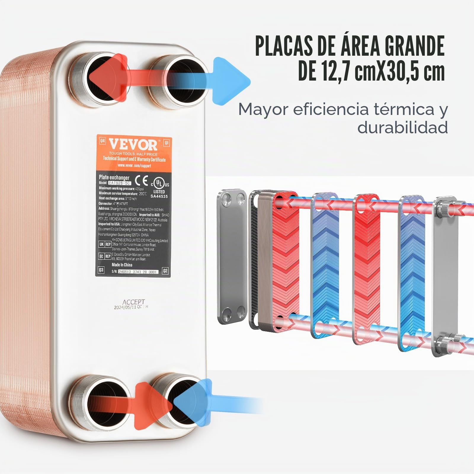 VEVOR Intercambiador de Calor de 50 Placas Soldadas, Cobre/Acero Inoxidable 316 L, Agua a Agua para Calefacción por Suelo, Calentamiento de Agua, y Derretimiento de Nieve, 301 x 126 x 157 mm